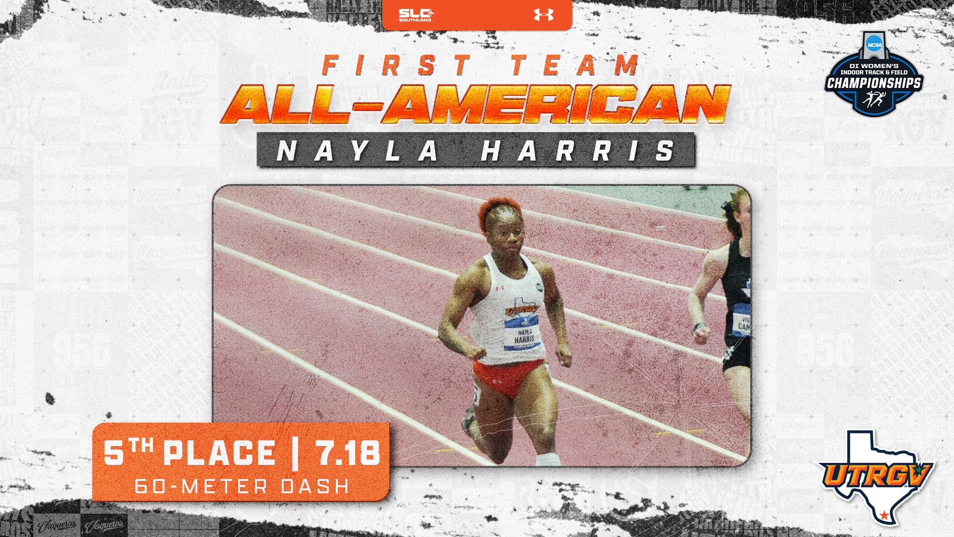 First Team All-American Nayla Harris 5th place 7.18 60-meter dash