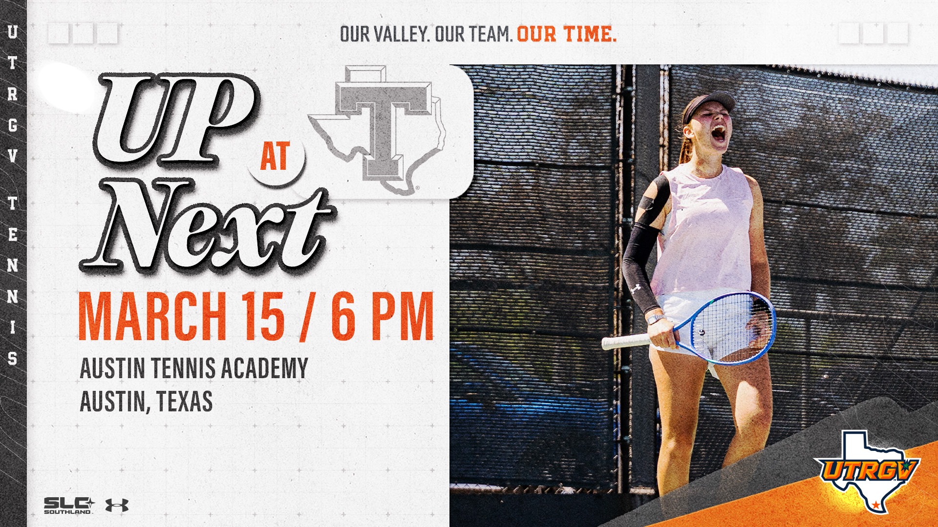 Picture on Left: Mariia Bakhtina, Info on Right: UTRGV Women's Tennis | Up Next at Tarleton | March 15, 6 p.m. | Austin Tennis Academy