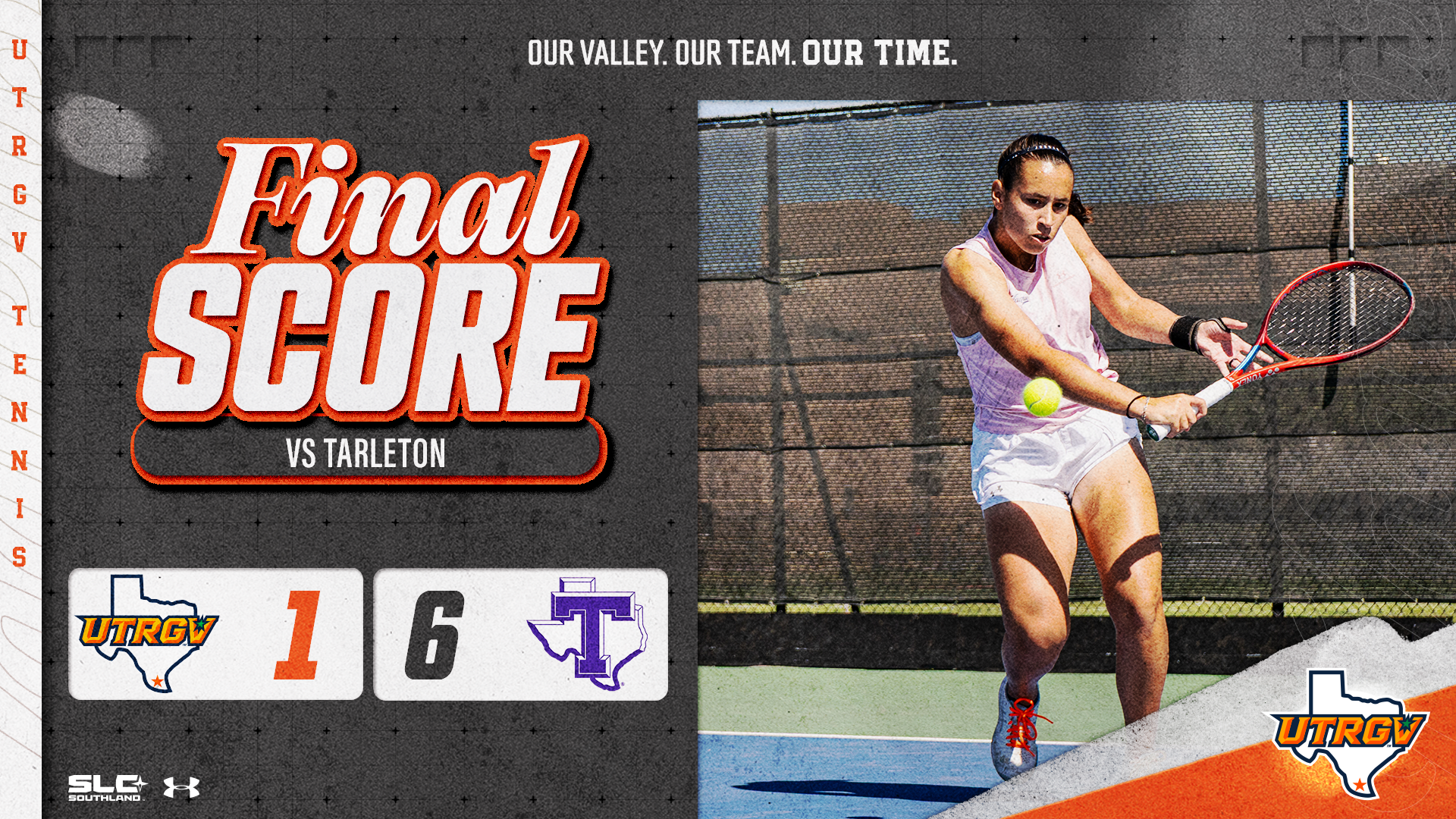 Image on Right: Barbara Martinez, Info on Left: UTRGV Women's Tennis | Final | UTRGV 1, Tarleton 6