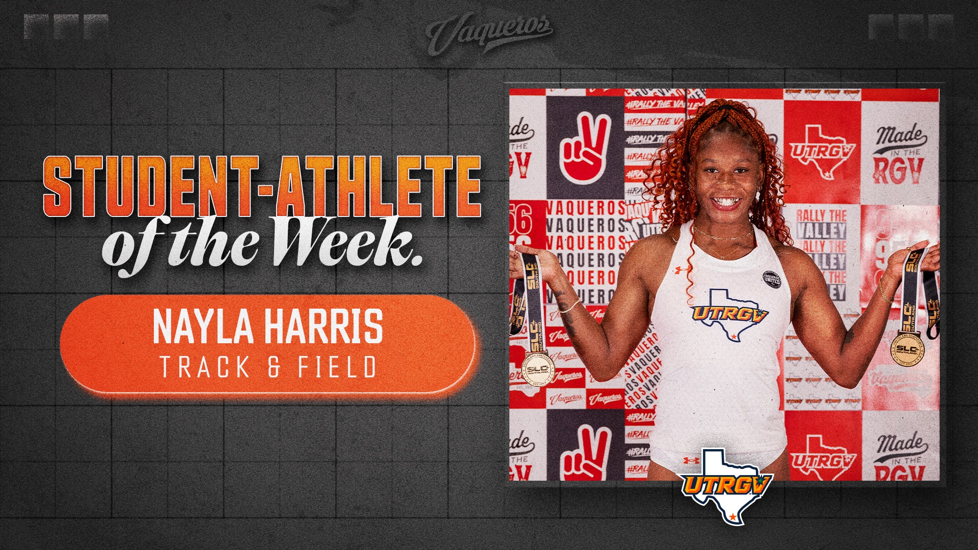 Image on Right: Nayla Harris, Info on Left: UTRGV Student-Athlete of the Week | Nayla Harris | Track & Field