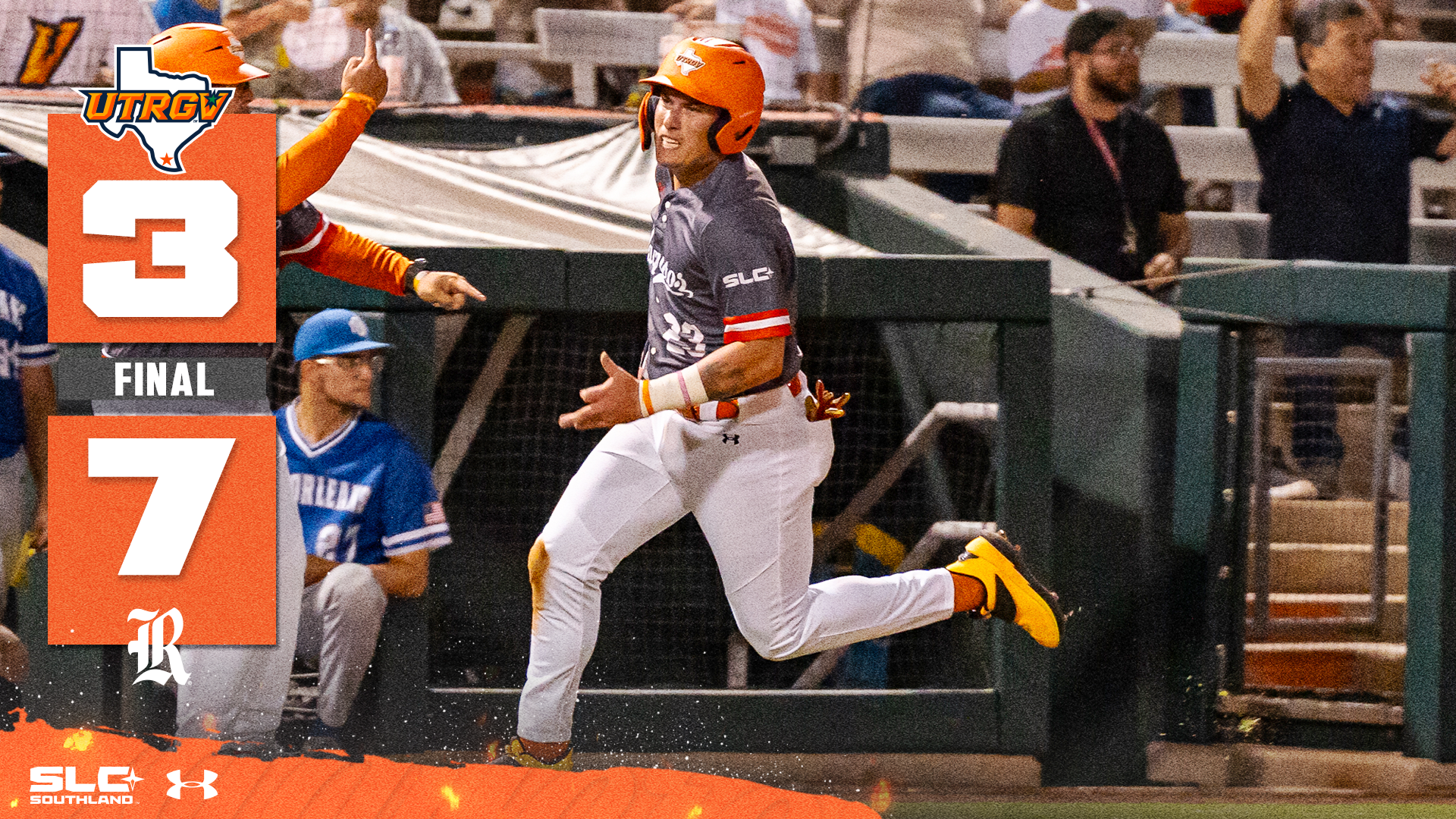 UTRGV Logo 3 Final 7 Rice Logo over photo of Easton Moomau running from third to home