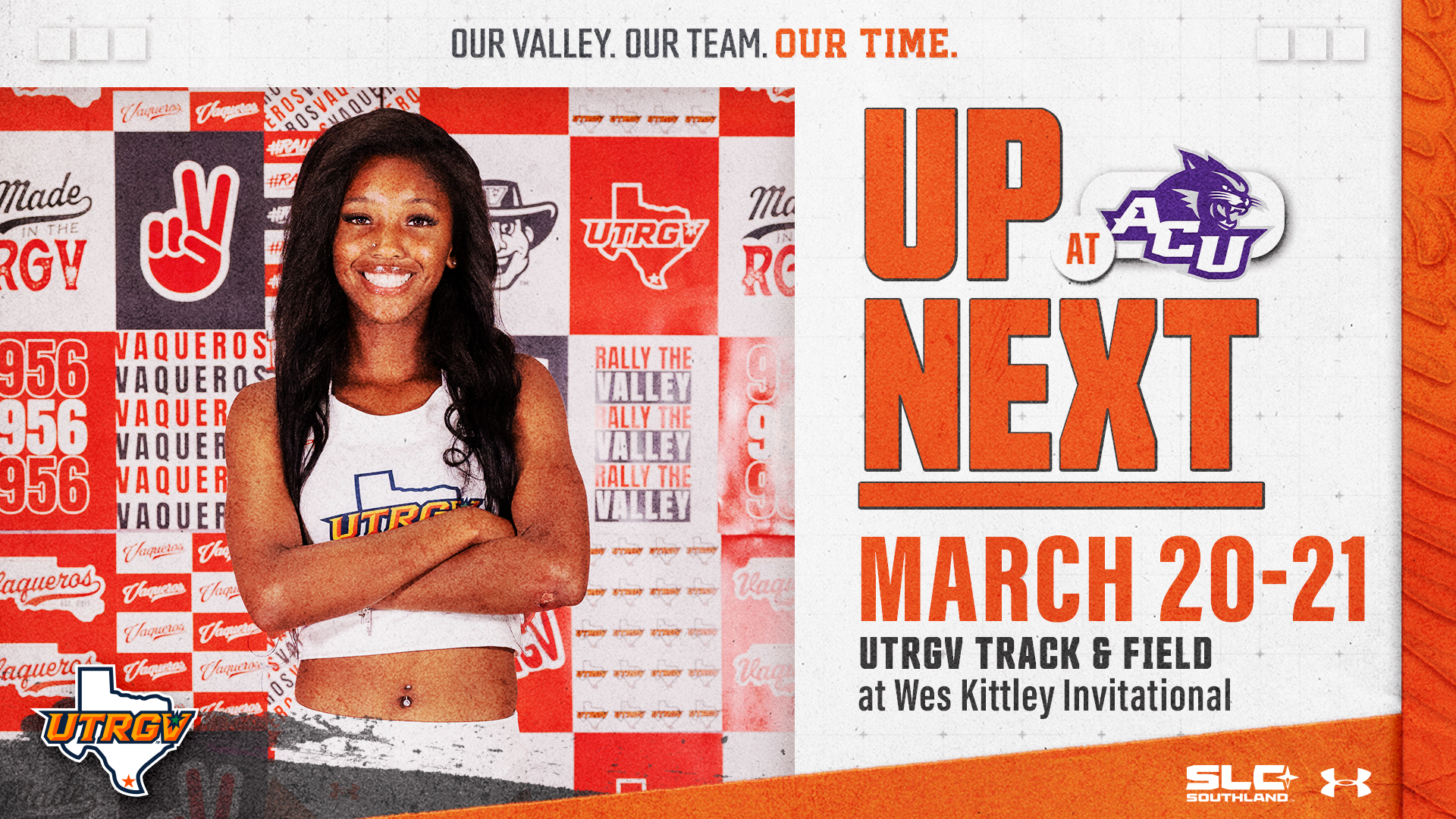 Graphic with text reading Up Next UTRGV track & field at Wes Kittley Invitational March 20-21 with the UTRGV over Texas logo and an ACU Wildcats logo along with a photo of junior jumper La'Zariah Bethany
