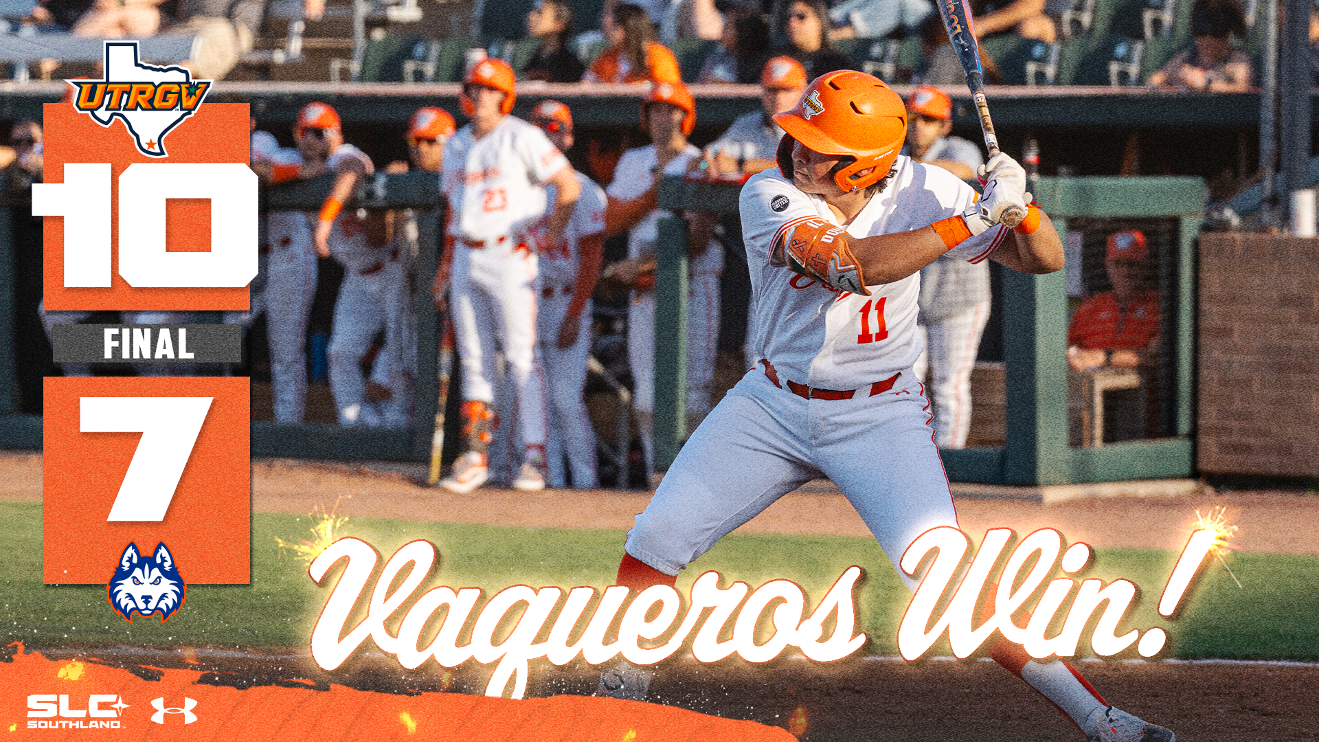 UTRGV Logo 10 Final 7 HCU Logo Vaqueros Win! over photo of Armani Raygoza hitting