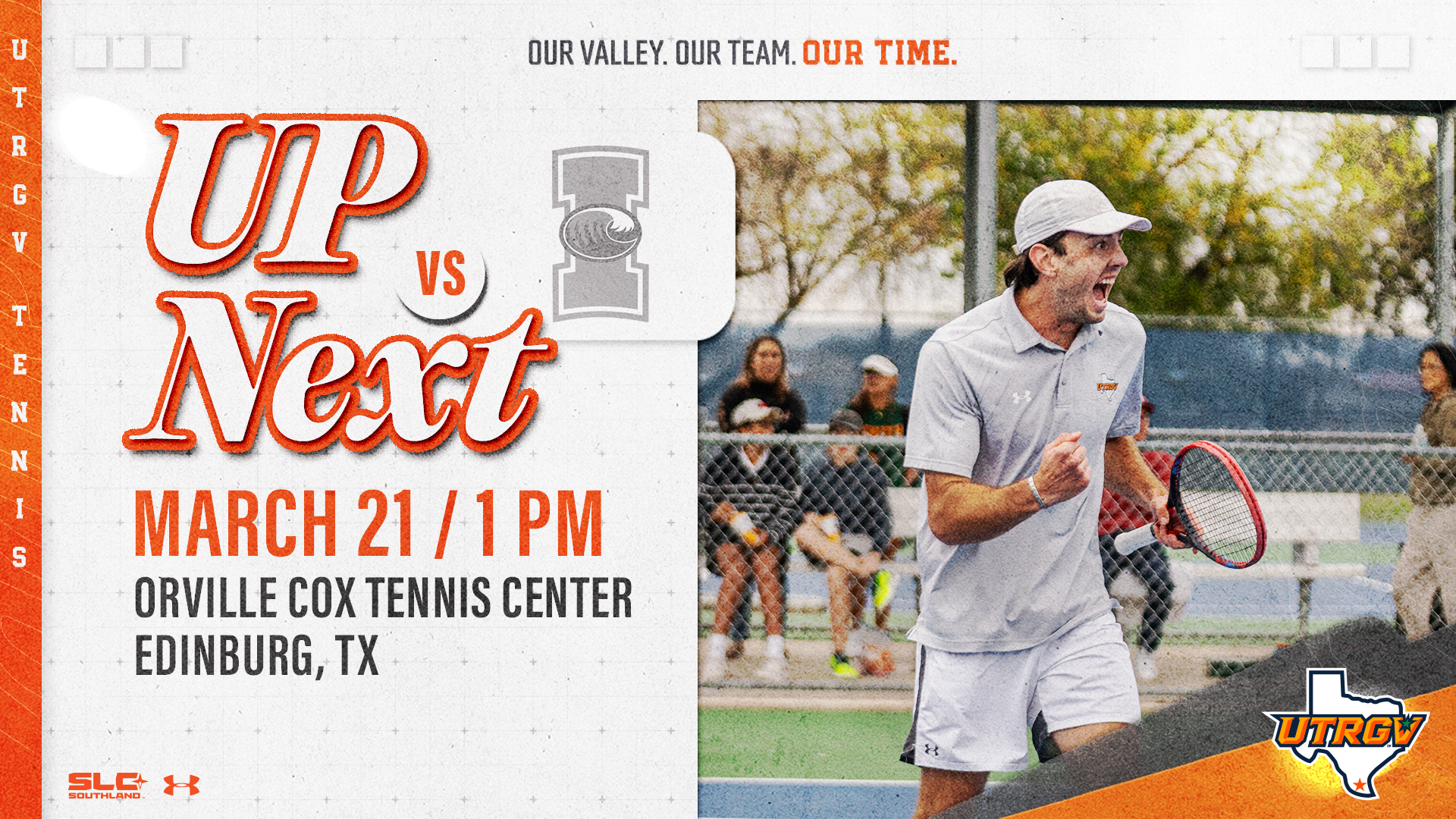 Image on Right: Sam Whitehead, Info on Left: UTRGV Men's Tennis | Up Next | vs. Texas A&M-Corpus Christi | March 21, 1 p.m. | Orville Cox Tennis Center | Edinburg, TX