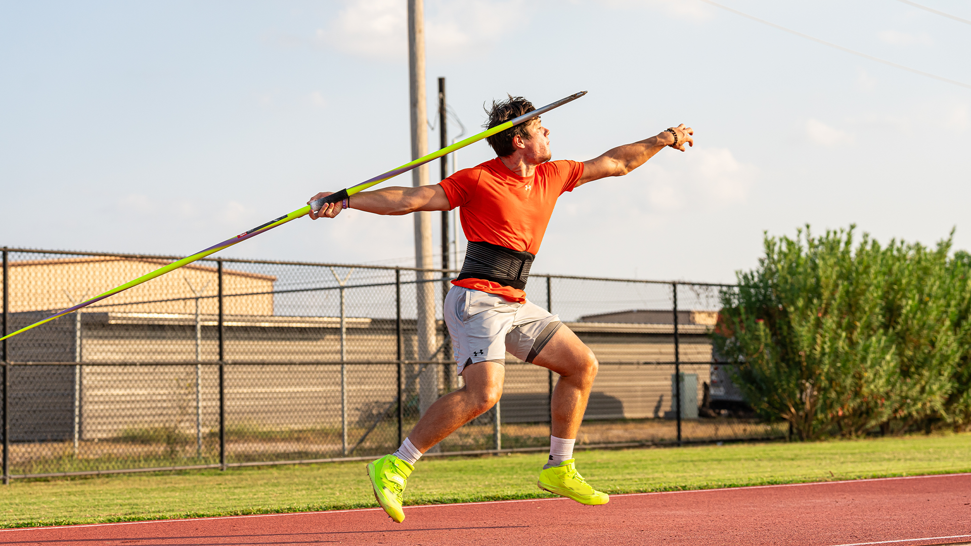 Image is of UTRGV track & field freshman Matic Vidmar throwing javelin at the Orange & Gray Meet