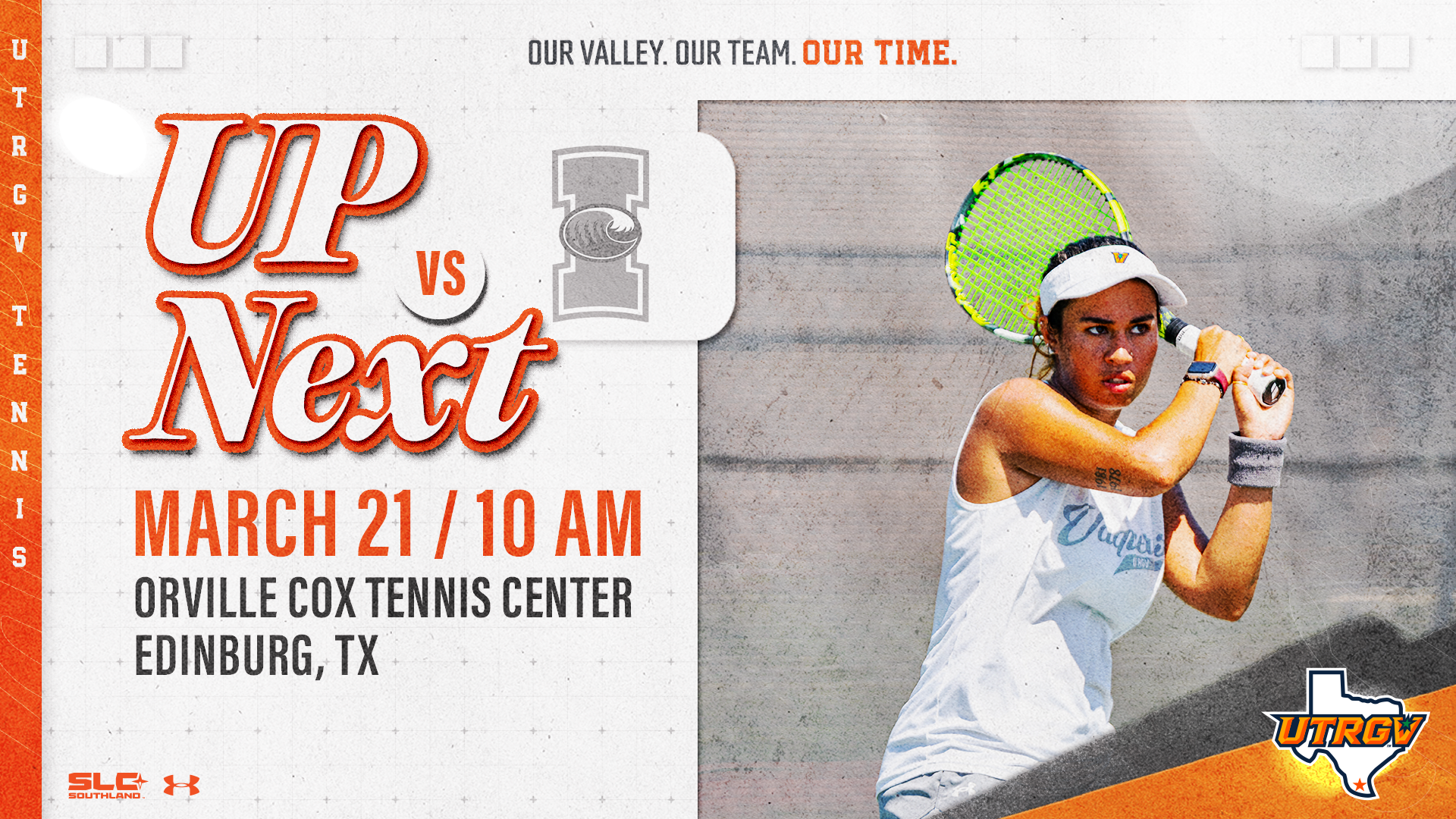 Image on Right: Hitakamya Narwal, Info on Left: UTRGV Women's Tennis | Up Next | vs. Texas A&M-Corpus Christi | March 21, 10 a.m. | Orville Cox Tennis Center | Edinburg, TX