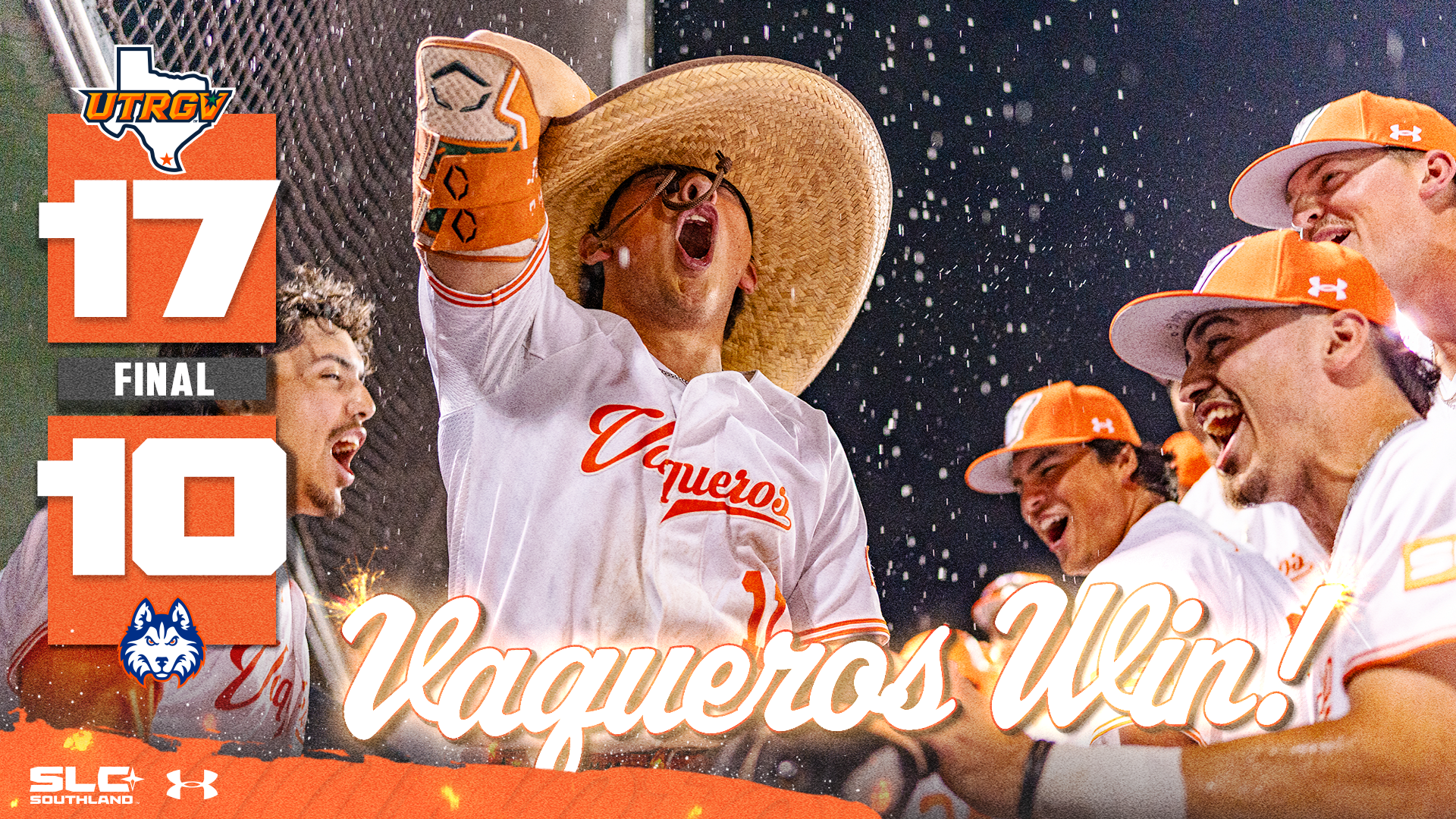 UTRGV Logo 17 Final 10 HCU Logo Vaqueros Win! over photo of Armani Raygoza celebrating a home run in the dugout