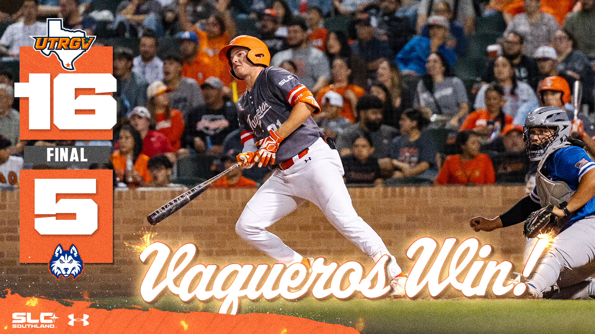 UTRGV Logo 16 Final 5 HCU Logo Vaqueros Win! over photo of Easton Moomau after hitting a ball