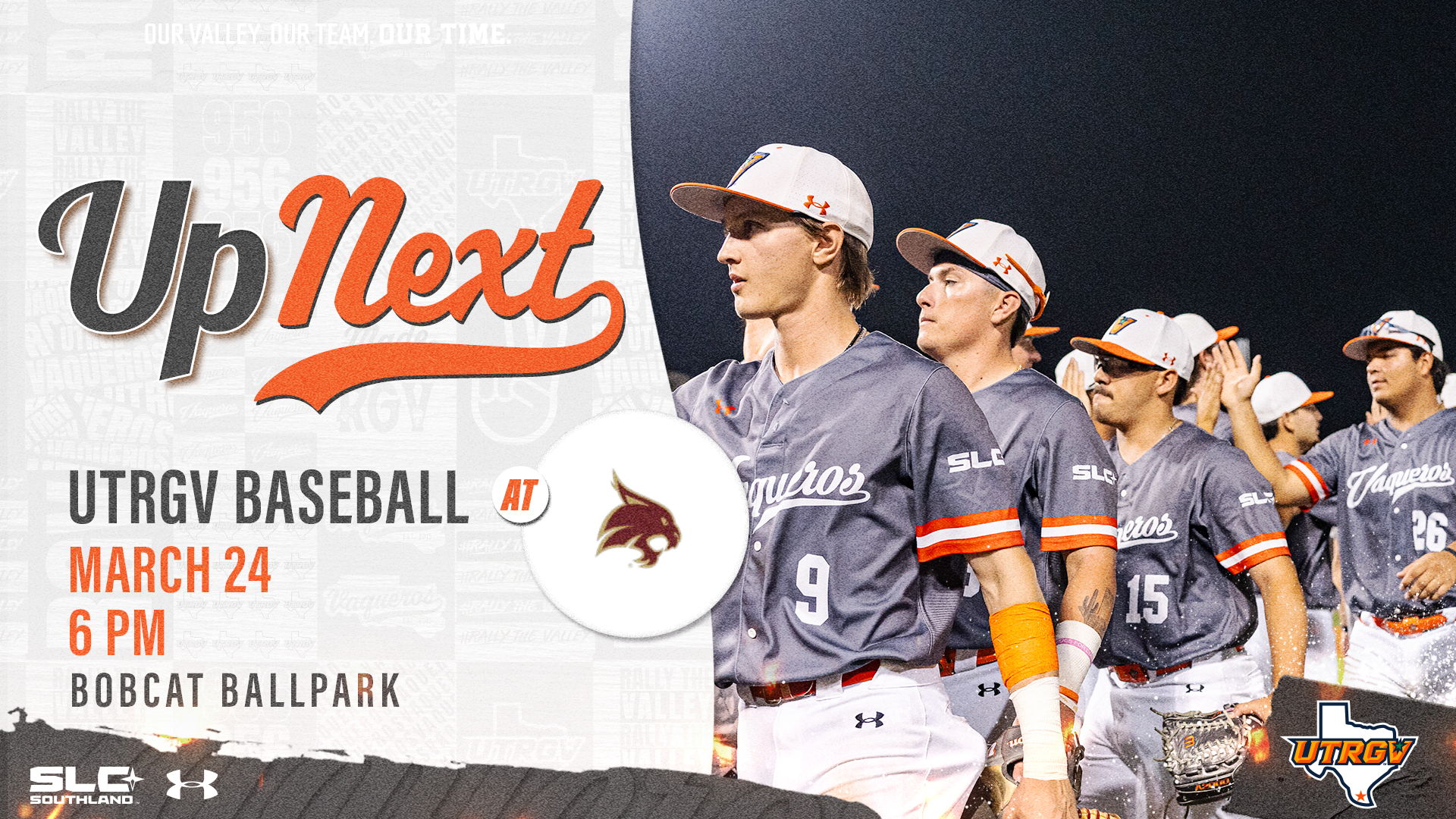 Left: Up Next UTRGV Baseball at Texas State (logo) March 24 | 6 p.m. Bobcat Ballpark Right: Picture of team giving high fives after a win