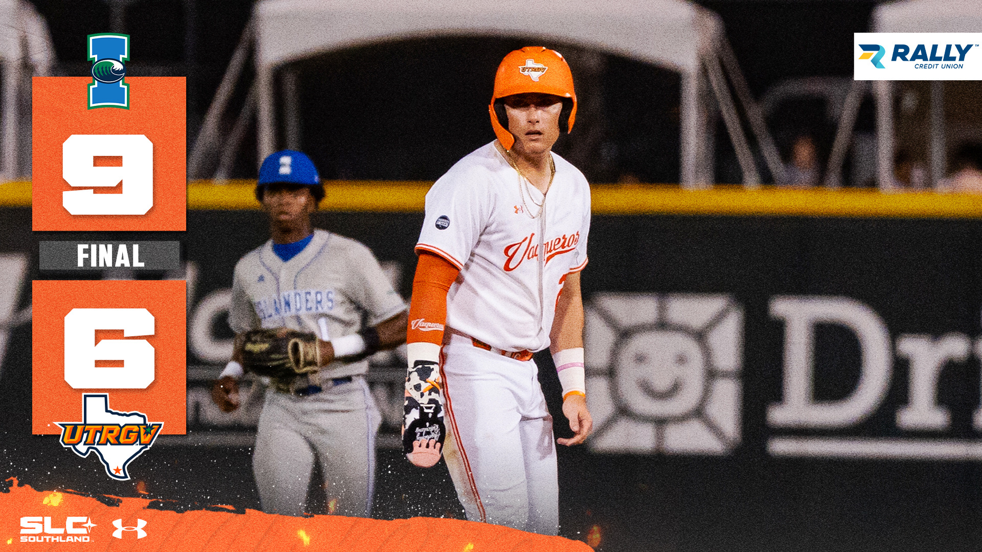 Texas A&M-Corpus Christi 9 Final 6 UTRGV Logo with a photo of Easton Moomau standing on base