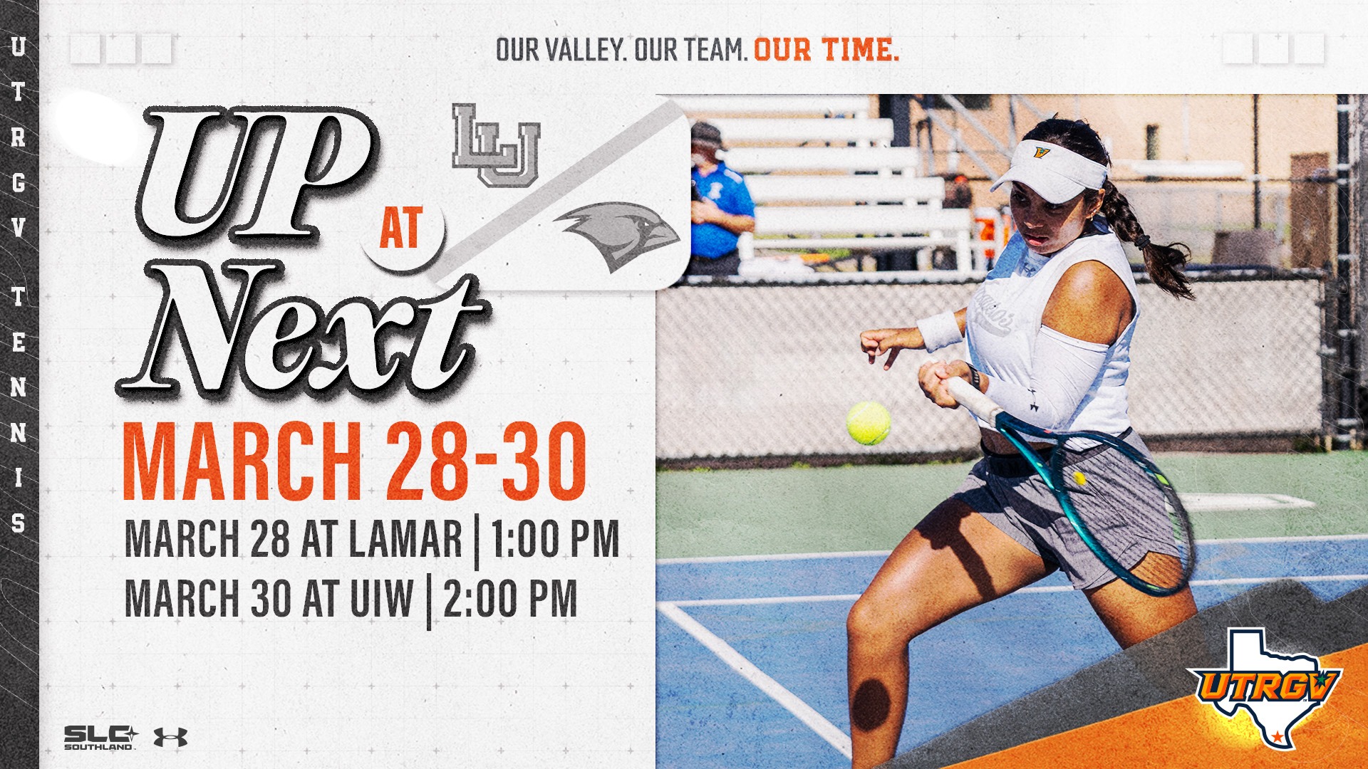 Image on Right: Rhea Makesar, Info on Left: UTRGV Women's Tennis | Up Next | at Lamar, Incarnate Word | March 28 at Lamar - 1 p.m. | March 30 at UIW - 2 p.m.