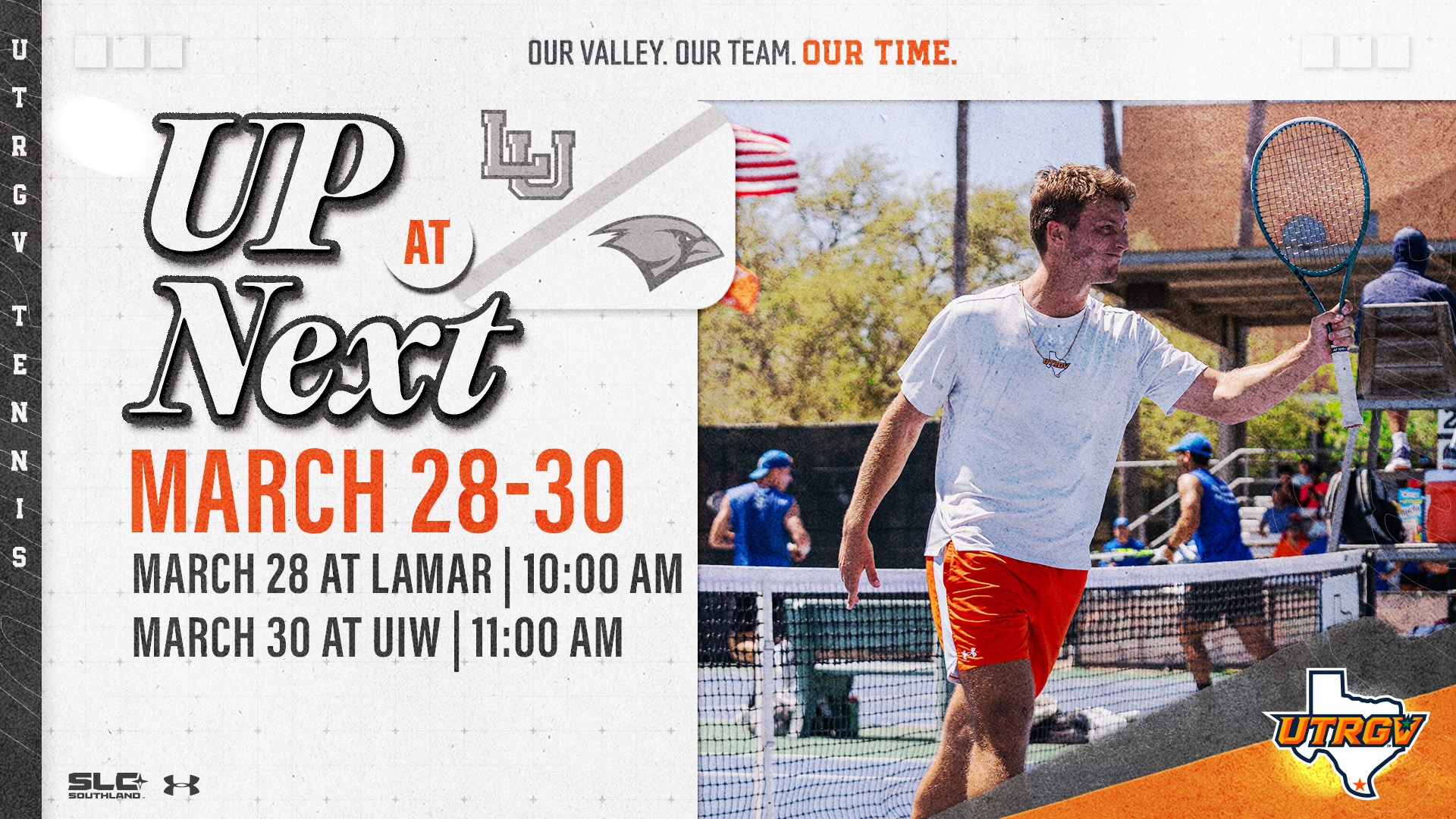 Image on Right: Ivo Isqueiro, Info on Left: UTRGV Men's Tennis | Up Next | at Lamar and Incarnate Word | March 28 at Lamar - 10 a.m. | March 30 at UIW - 11 a.m.