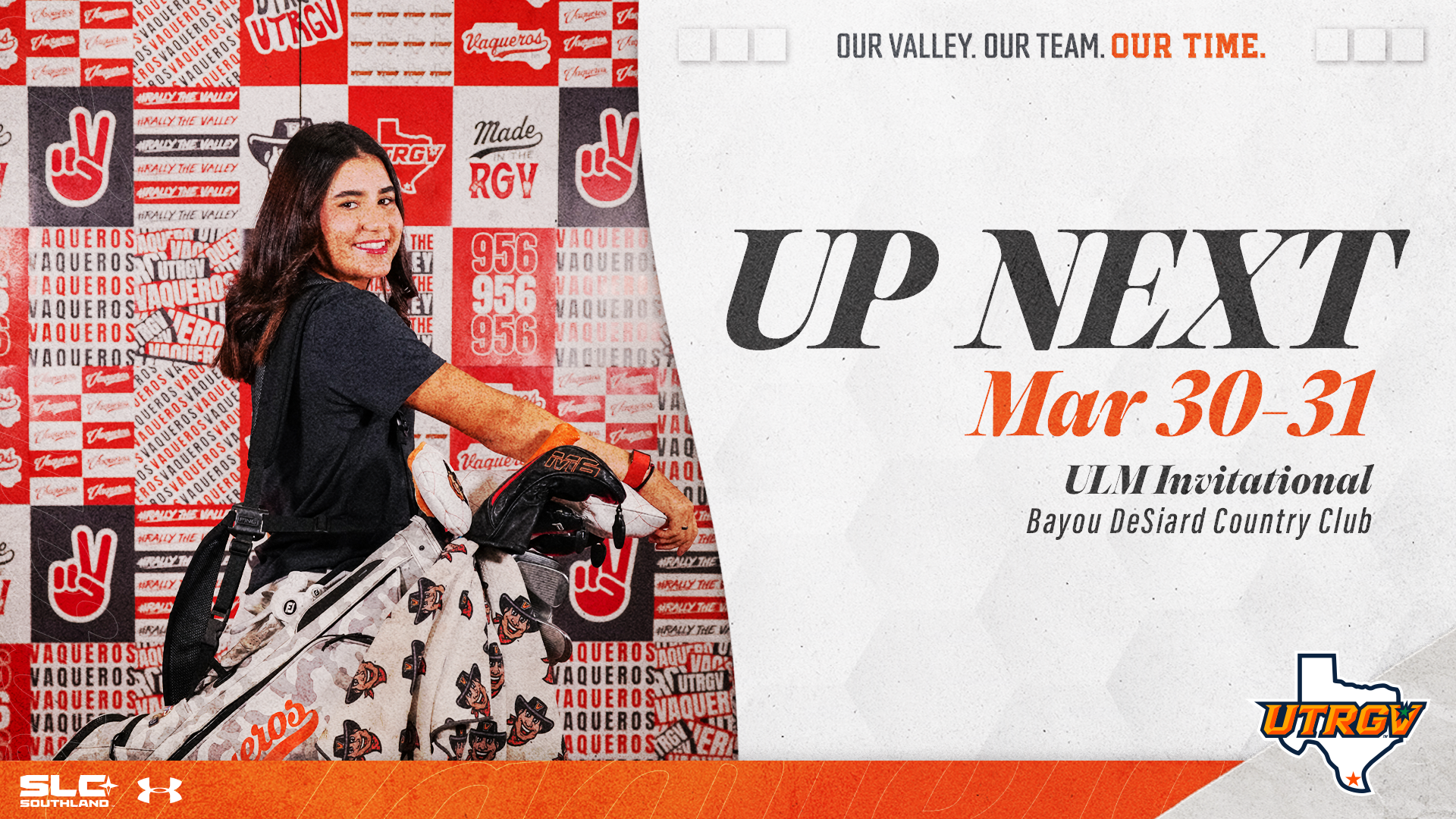 Women's Golf Up Next at ULM Invitational Mar. 30-31 Bayou Desiard Country Club Picture of Cristina Galban holding her golf bag