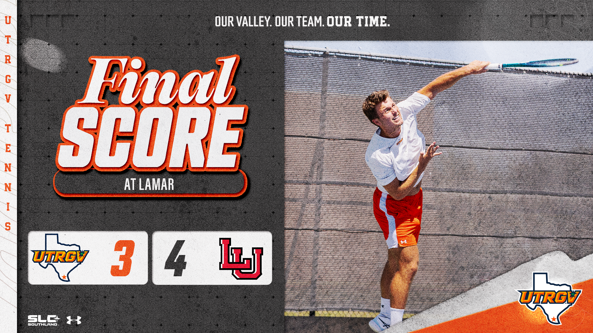Image on Right: Ivo Isqueiro, Info on Left: UTRGV Men's Tennis | Final | UTRGV 3, Lamar 4