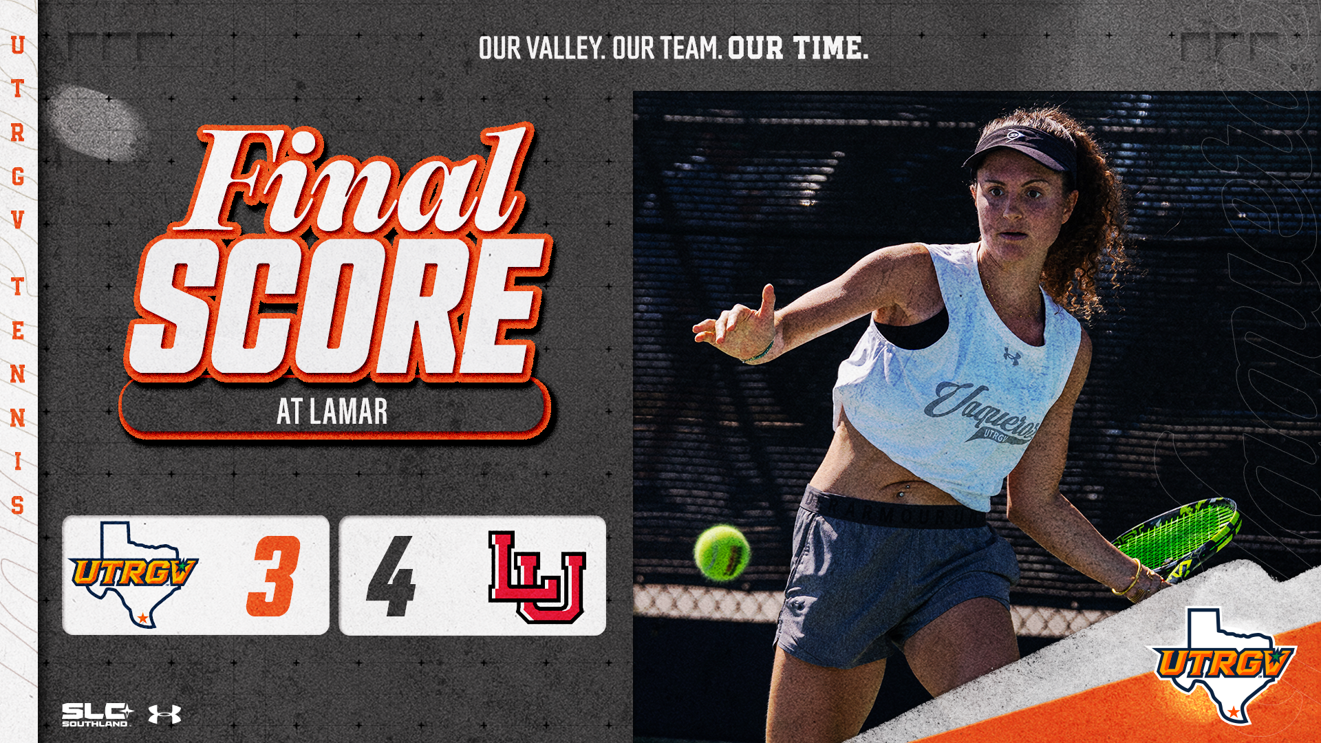 Image on Right: Luna Buijtenhuijs, Info on Left: UTRGV Women's Tennis | Final | UTRGV 3, Lamar 4