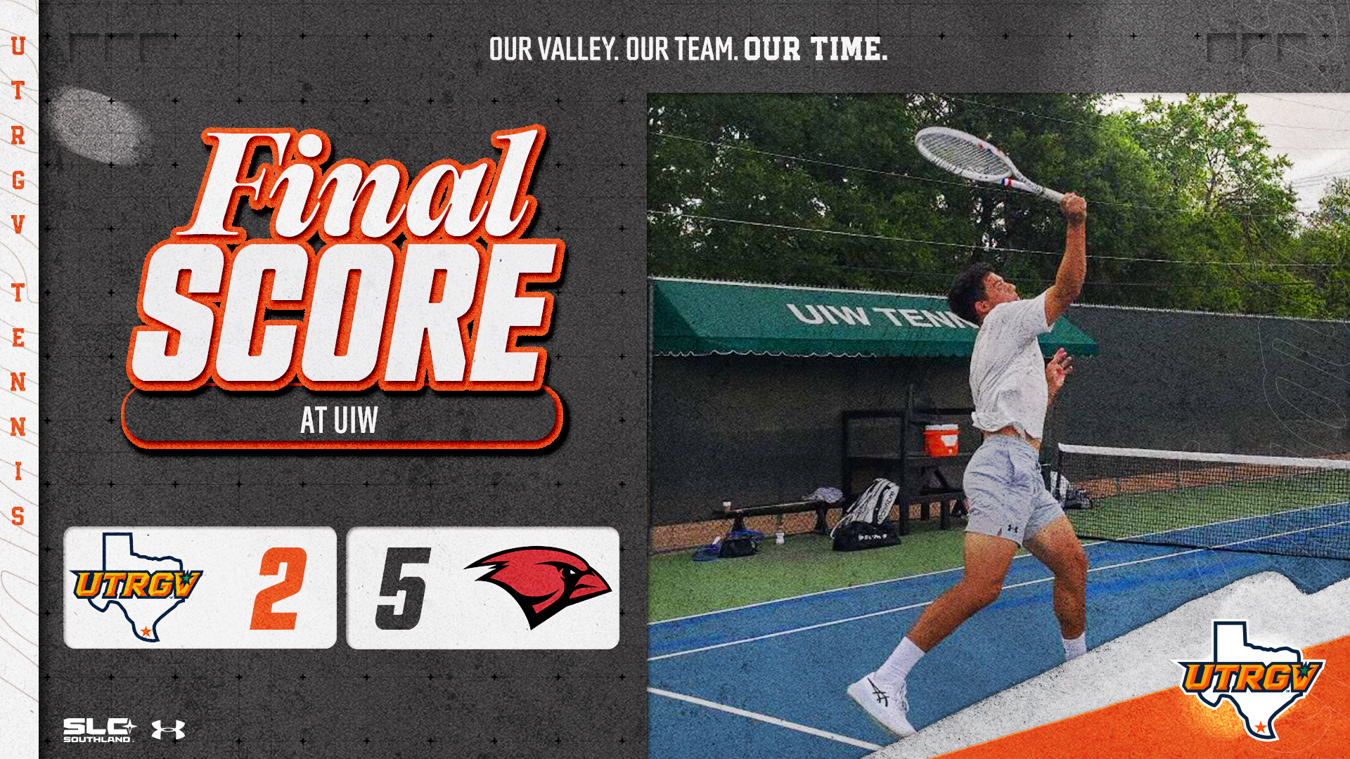 Image on Right: Santiago Serrano, Info on Left: UTRGV Men's Tennis | Final | UTRGV 2, UIW 5