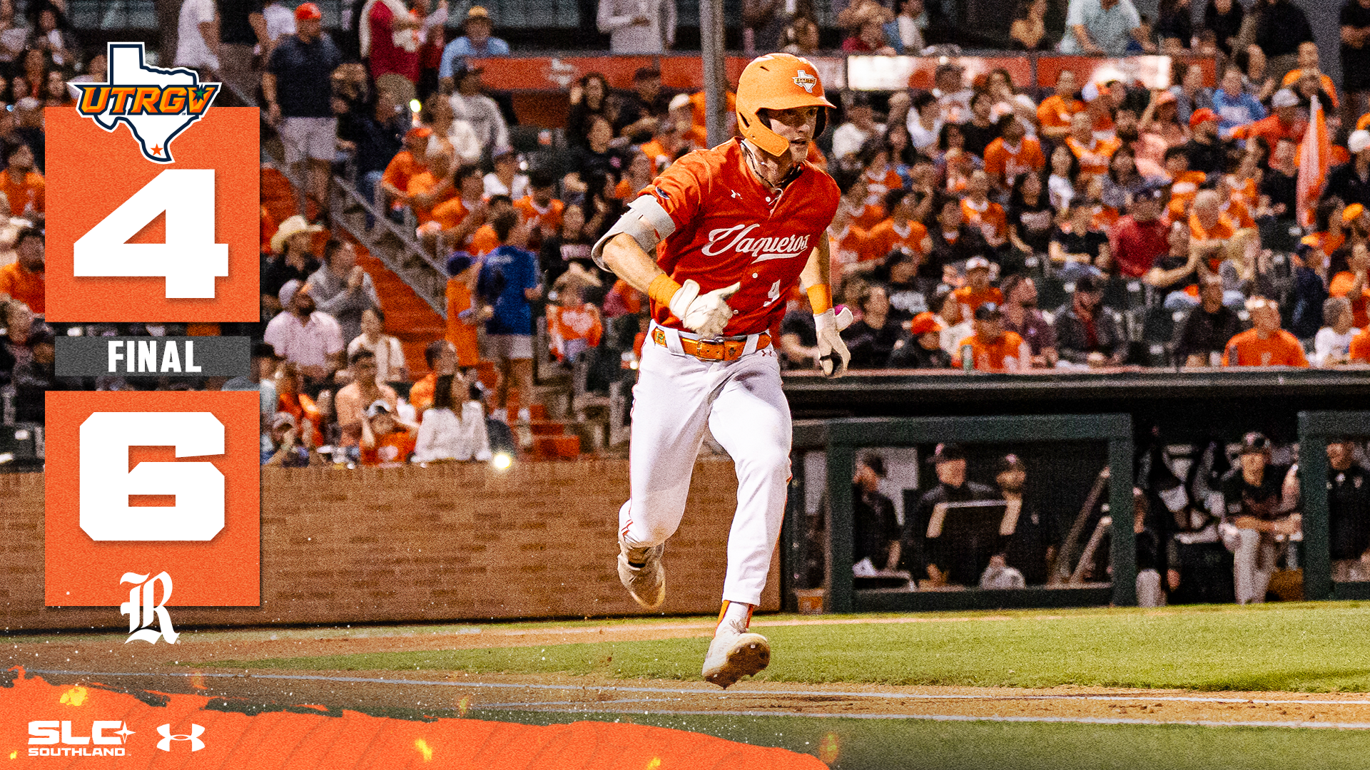 UTRGV logo 4 FINAL 6 Rice logo over photo of Rocco Garza Gongora running from home to first