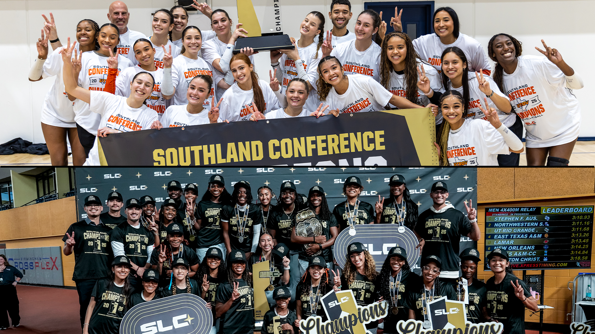 Image is a split photo with a picture of the UTRGV volleyball team on the top half celebrating with its championship trophy and banner and a picture on the bottom half of the women's indoor track & field team celebrating its championship on the podium in Birmingham.