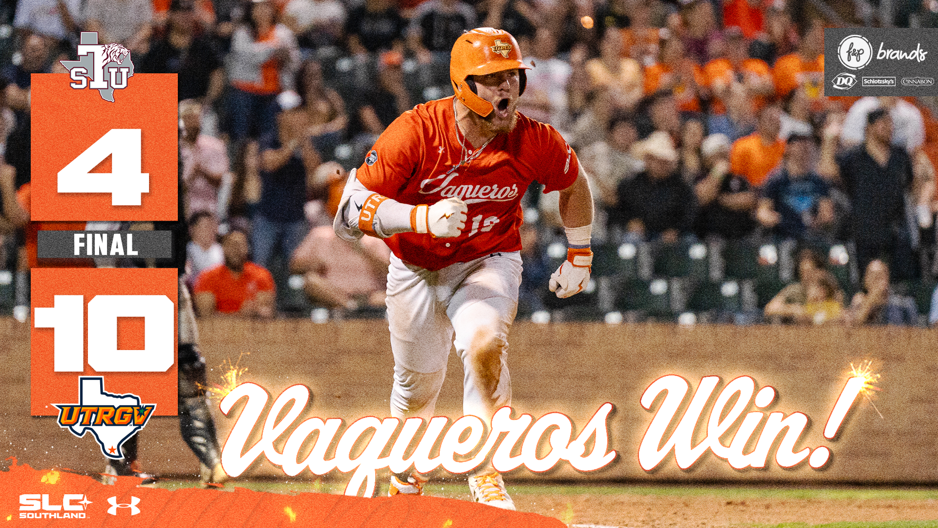 Texas Southern 4 Final 10 UTRGV logo next to picture of Chayton Fischer running down the first base line