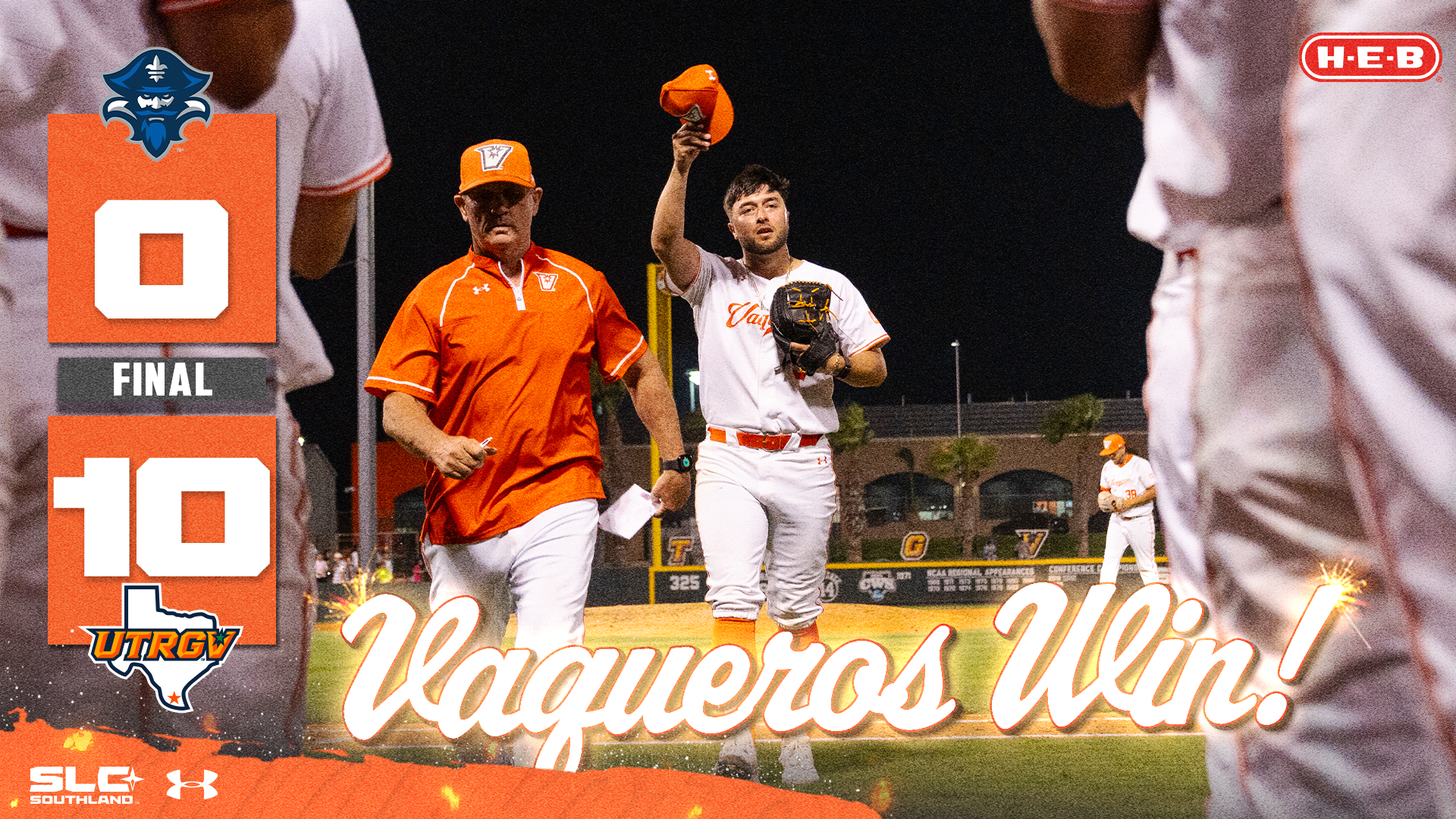 0 UNO FINAL 10 UTRGV Vaqueros Win! With pictures of Sergio Lopez tipping his cap