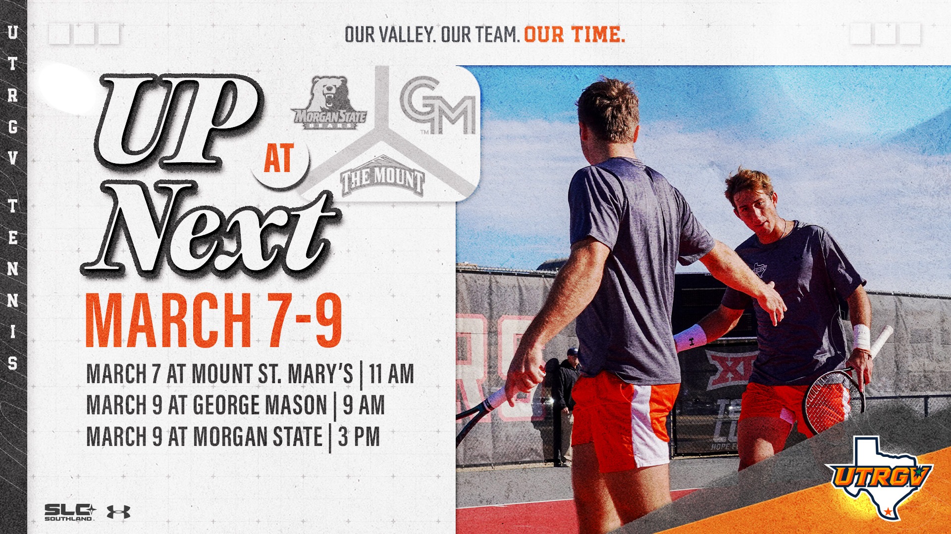 Image on Right: Paolo Bonaguro and Ivo Isqueiro, Info on left: Up Next | UTRGV Men's Tennis vs. Mount St. Mary's (The Mount logo) on March 7 at 11 AM | vs. George Mason (GM logo) on March 9 at 9 AM | vs. Morgan State (Bear logo) on March 9 at 3 PM