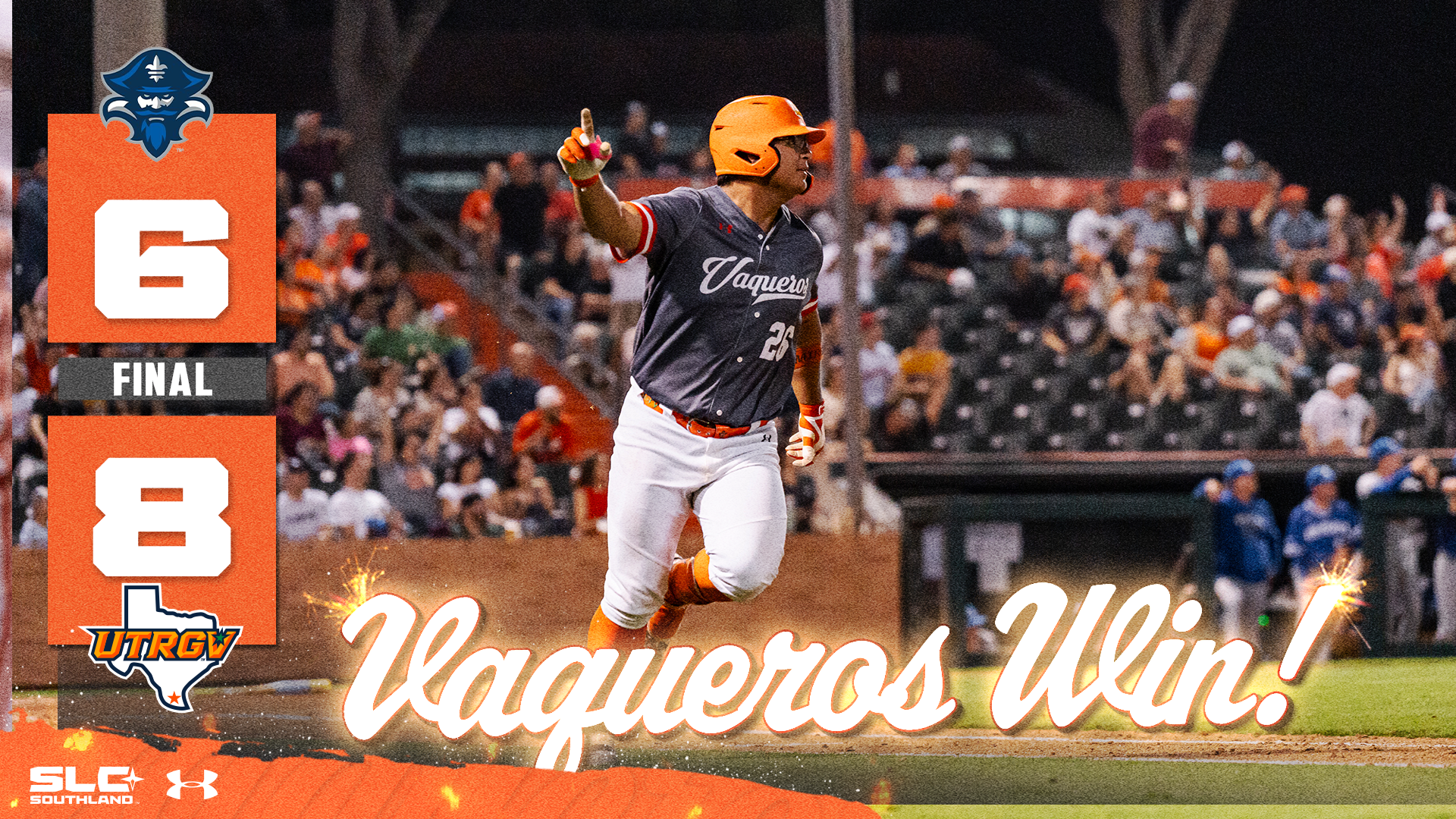 UNO (logo) 6 Final 8 UTRGV (logo) with picture of Julius Ramirez