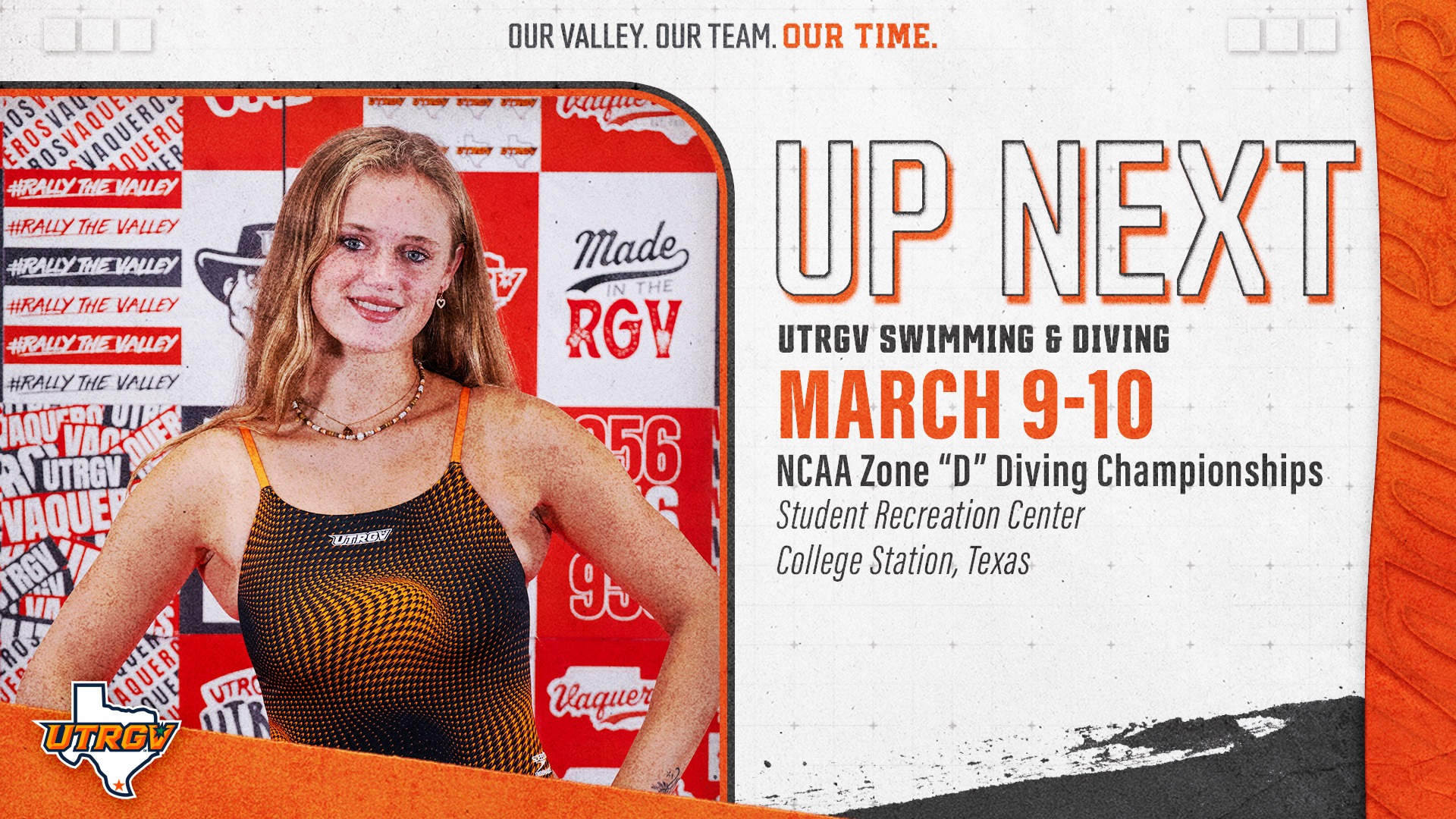 Image on Right: Manou Meulebeek, Info on Left: Up Next | UTRGV Swimming & Diving | NCAA Zone 