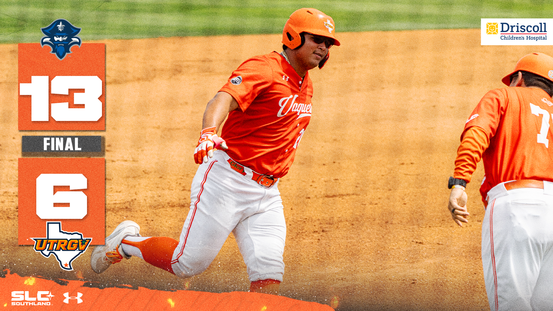 UNO Logo 13 Final 6 UTRGV Logo on left with a photo of Julius Ramirez running the bases on the right and a Driscoll Children's Hospital logo in the upper right