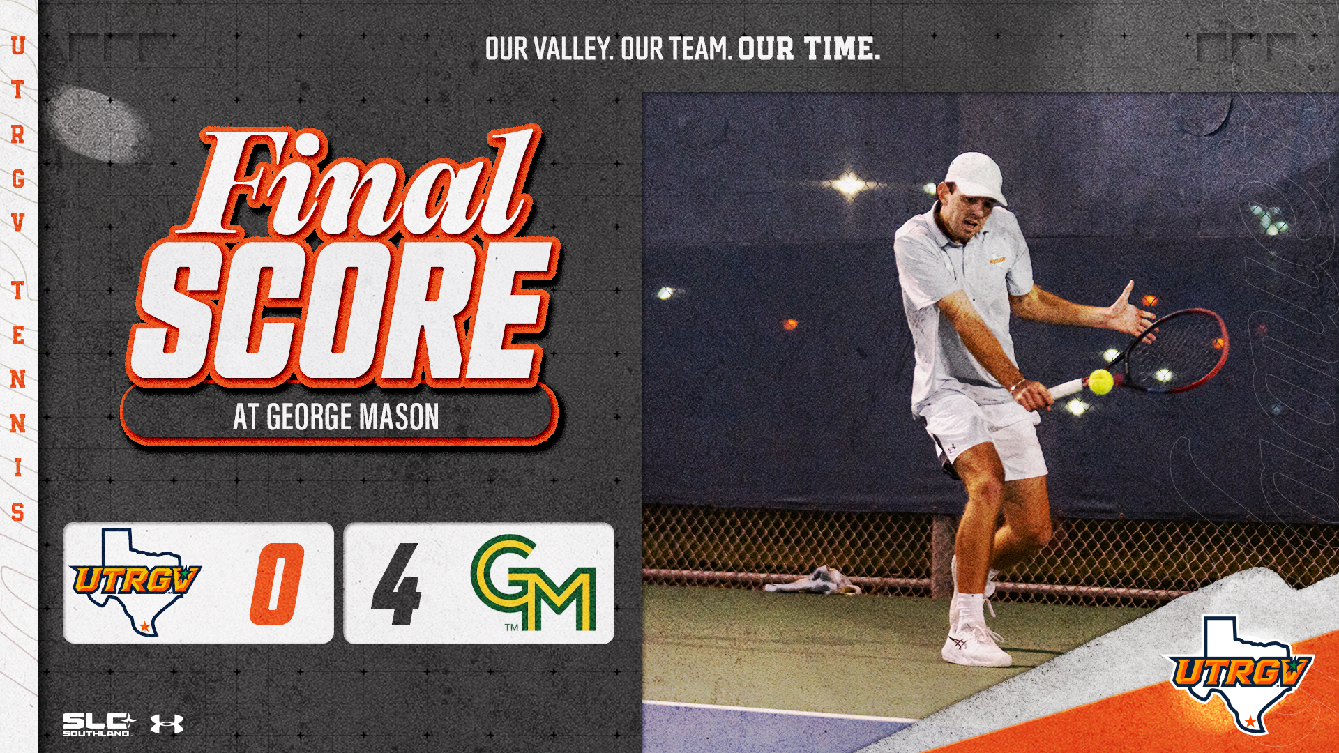 Image on right: Sam Whitehead; Info on left: Final | UTRGV Men's Tennis at George Mason | UTRGV - 0, George Mason - 4