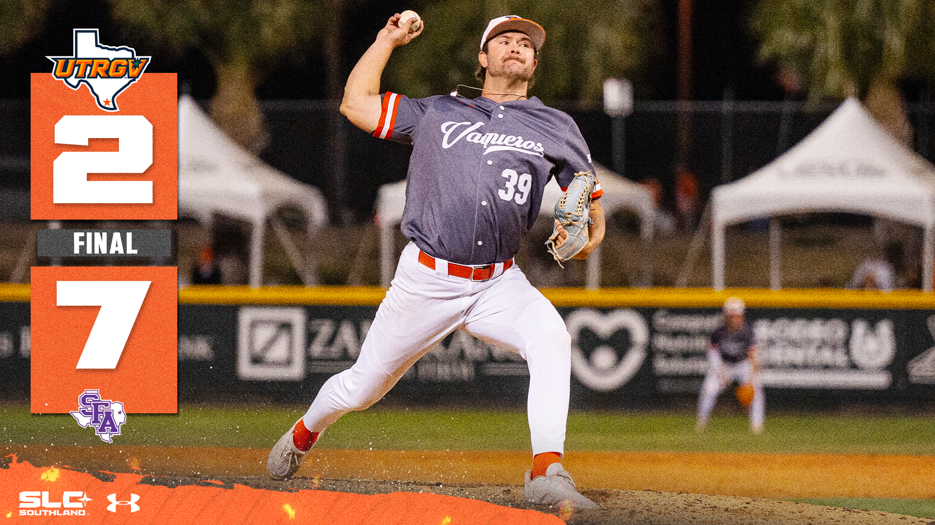 2 UTRGV Logo Final 7 SFA Logo over photo of Colton Vercoe pitching