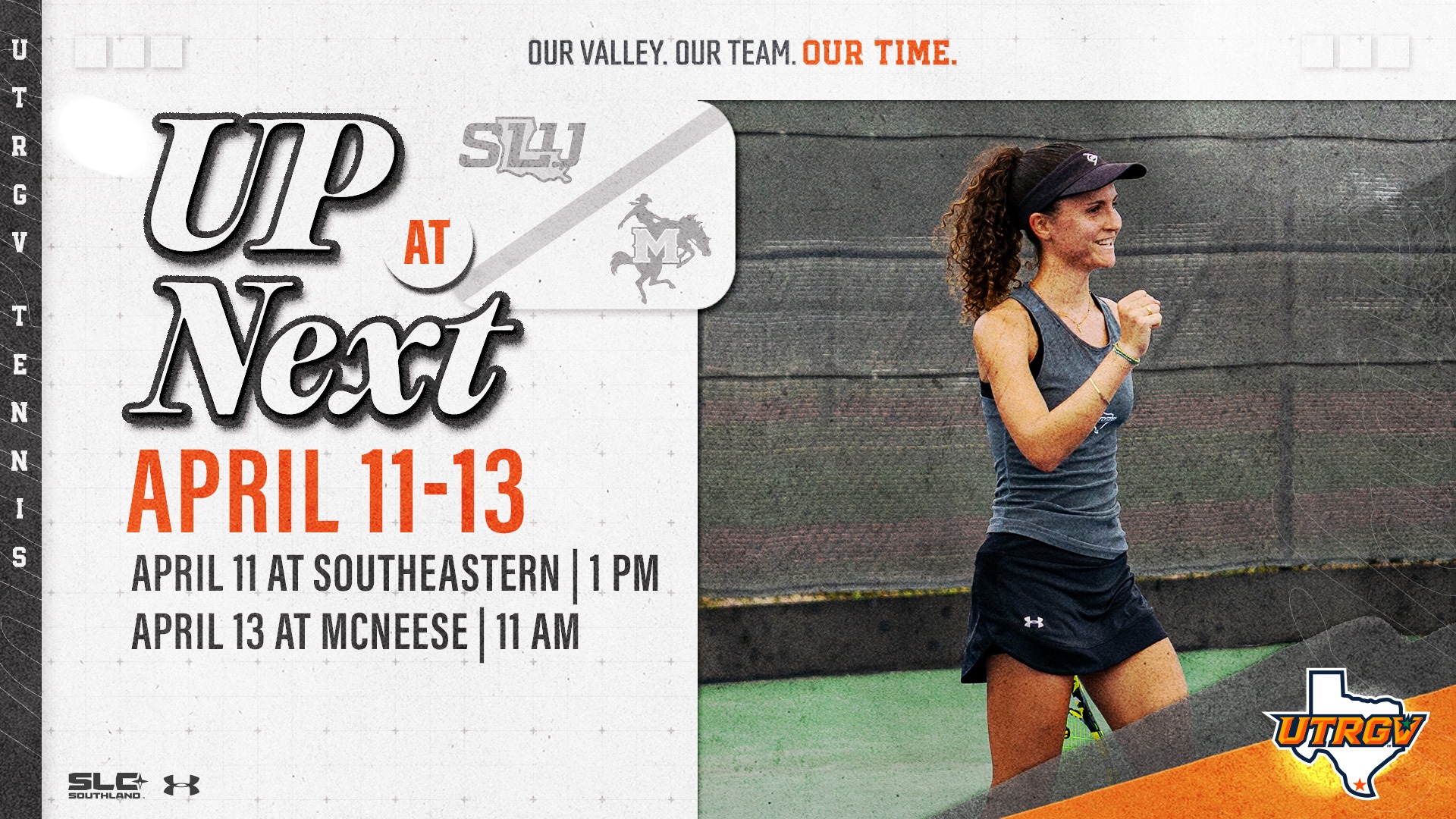 Image on Right: Luna Buijtenhuijs, Info on Left: UTRGV Women's Tennis | Up Next | April 11-13 | April 11 at Southeastern - 1 pm | April 13 at McNeese - 11 am
