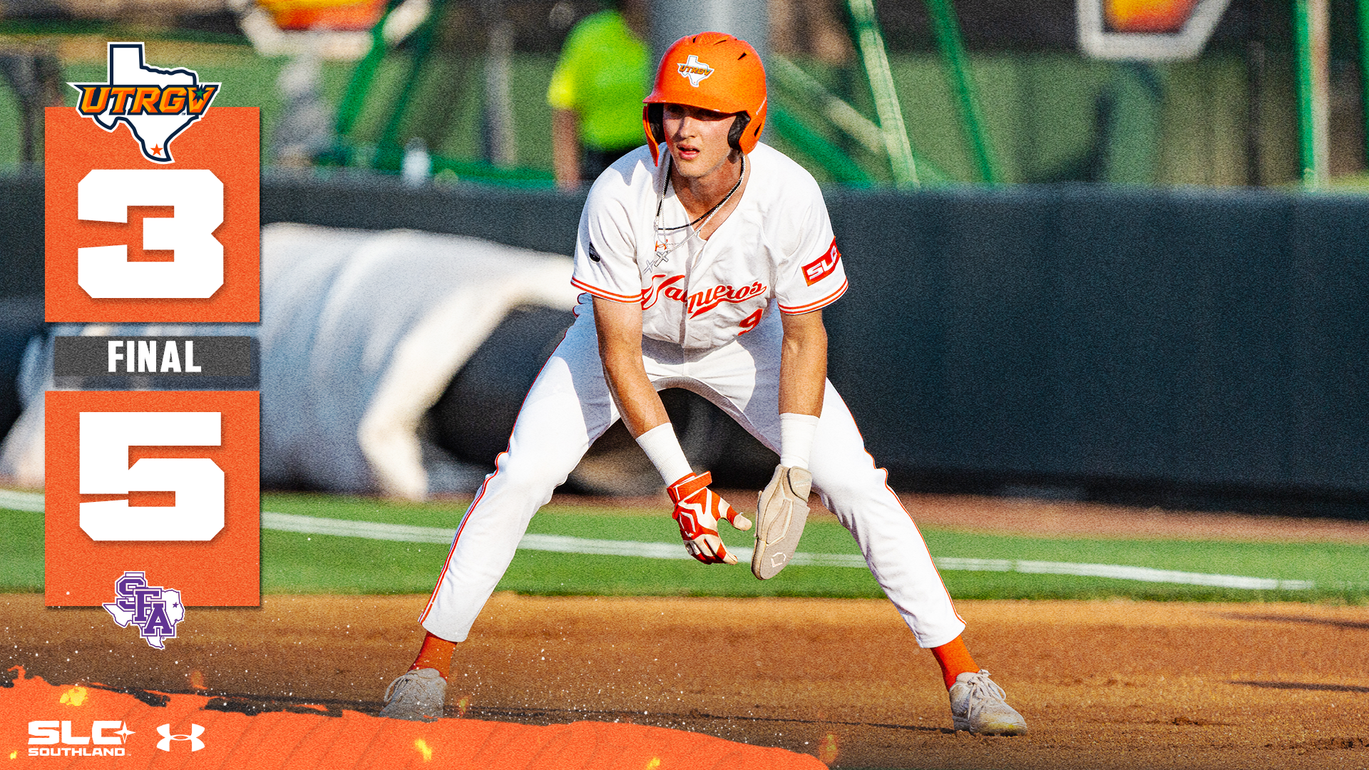 3 UTRGV Logo Final 5 SFA Logo over photo of Rocco Garza Gongora leading from first base