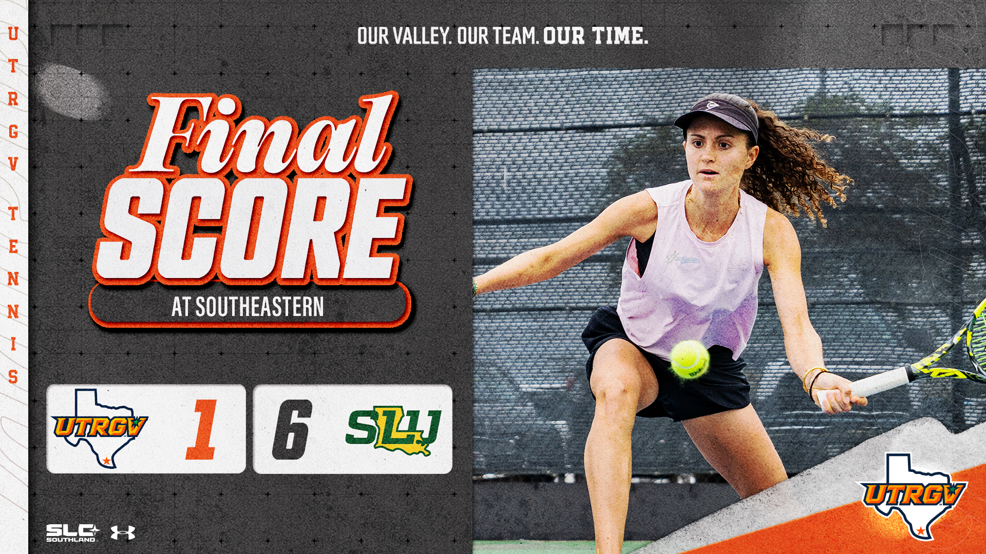 Image on Right: Luna Buijtenhuijs, Info on Left: UTRGV Women's Tennis | Final Score | UTRGV 1, SLU 6