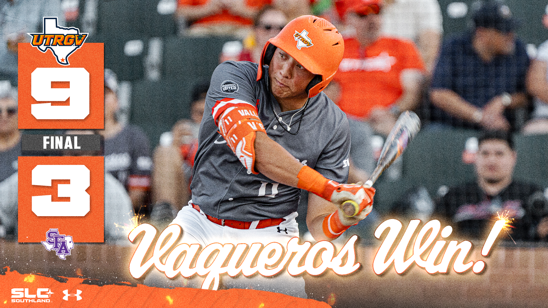 UTRGV Logo 9 Final 3 SFA Logo Vaqueros Win! over photo of Armani Raygoza swinging a bat