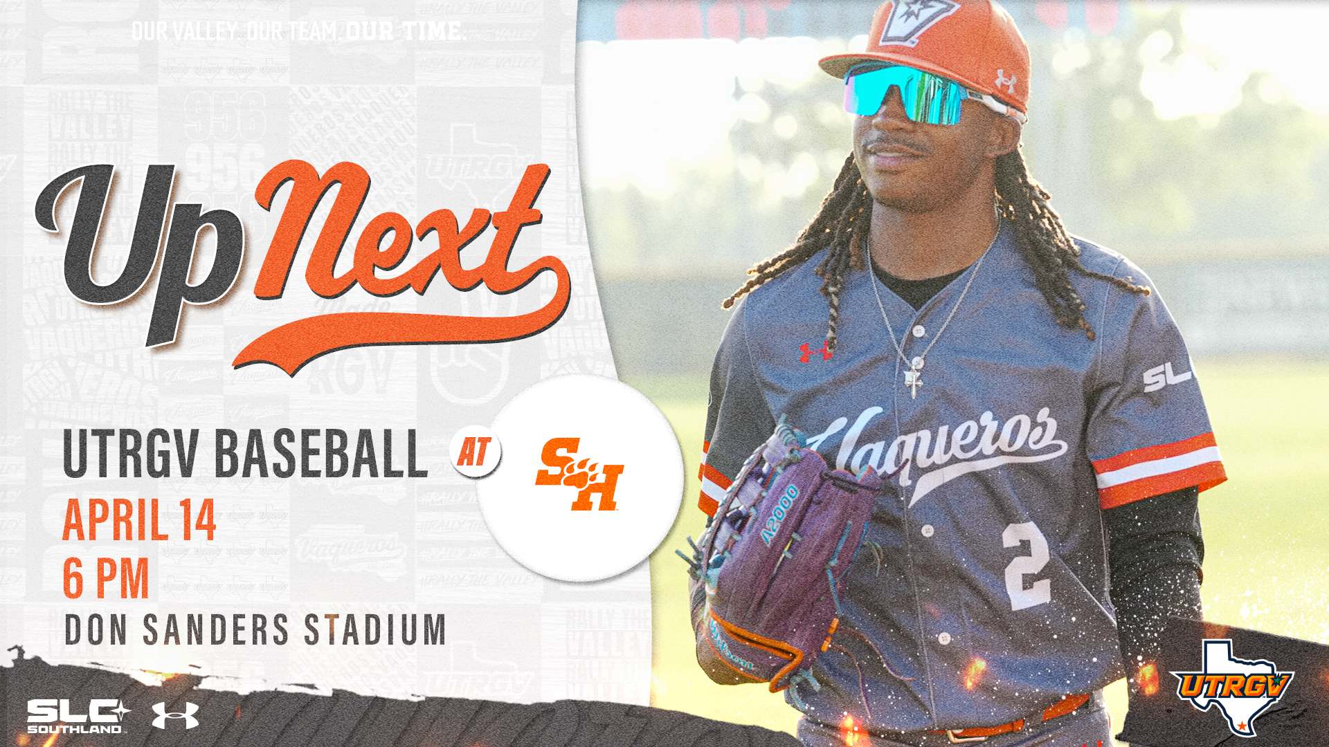 LEFT: Up Next UTRGV Baseball at Sam Houston Logo April 14 6 PM Don Sanders Stadium RIGHT: Photo of Damien Whitefield in the outfield