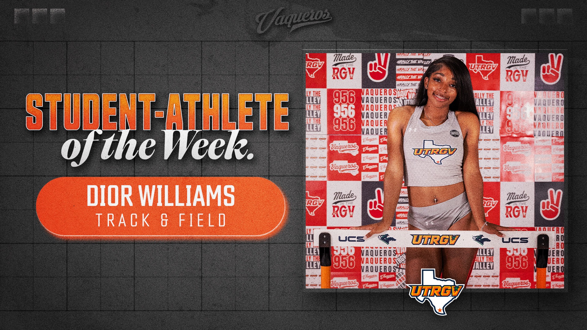 Image on Right: Dior Williams, Info on Left: UTRGV Student-Athlete of the Week: Dior Williams – Track & Field