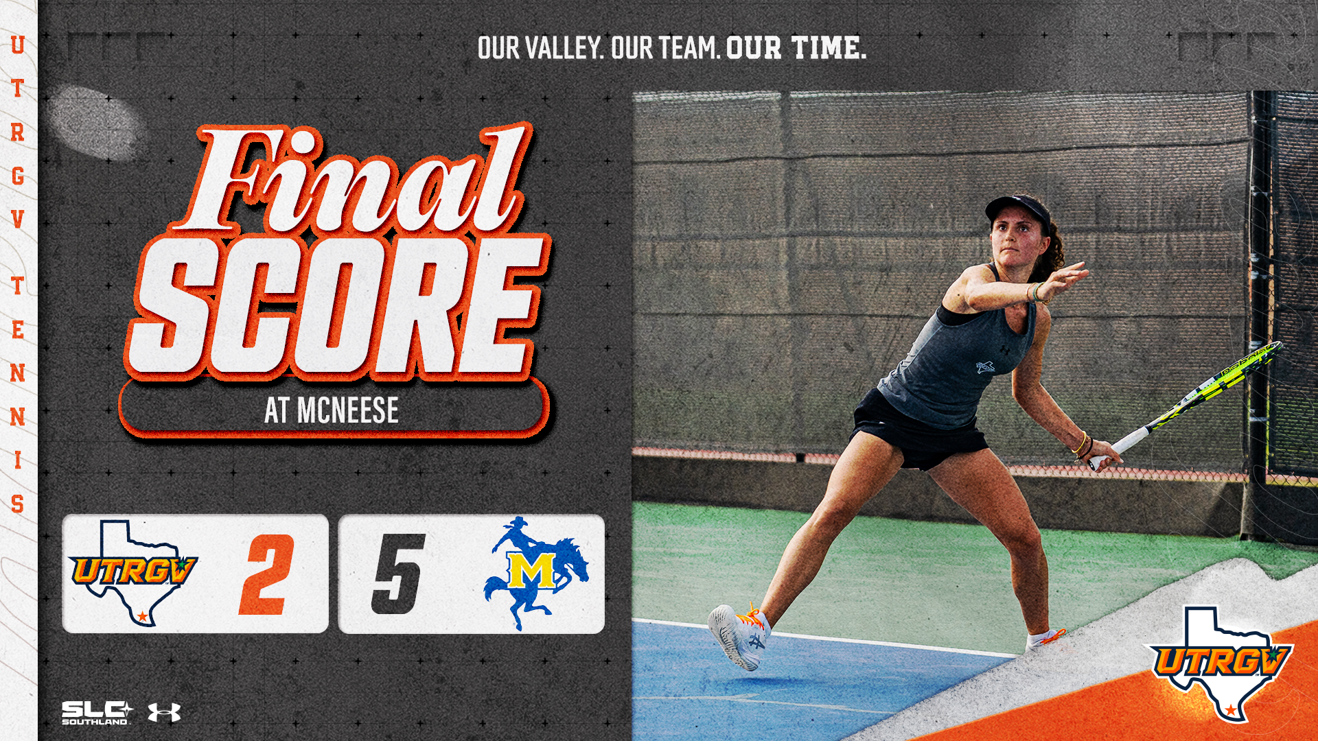 Image on Right: Luna Buijtenhuijs, Info on Left: UTRGV Women's Tennis | Final Score | UTRGV 2, McNeese 5