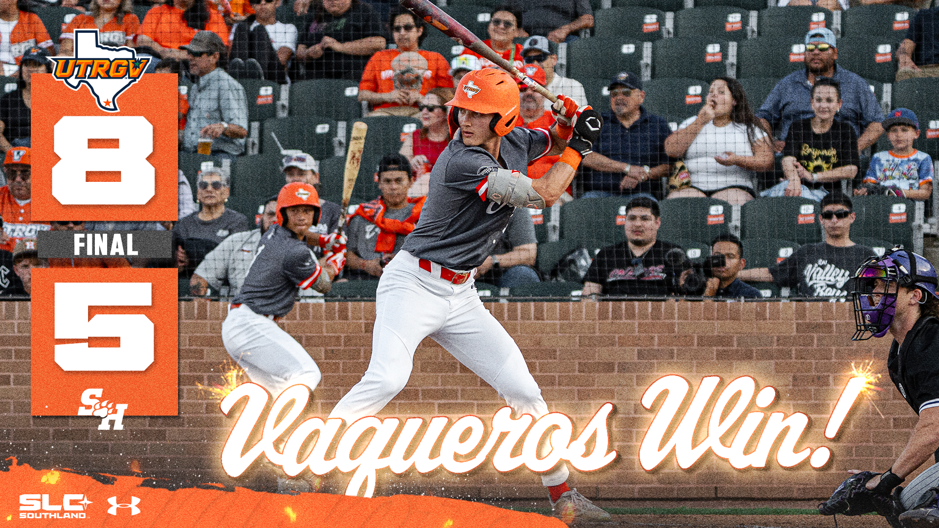 UTRGV Logo 8 Final 5 Sam Houston Logo Vaqueros Win! over photo of Rocco Garza Gongora preparing to swing in a gray uniform