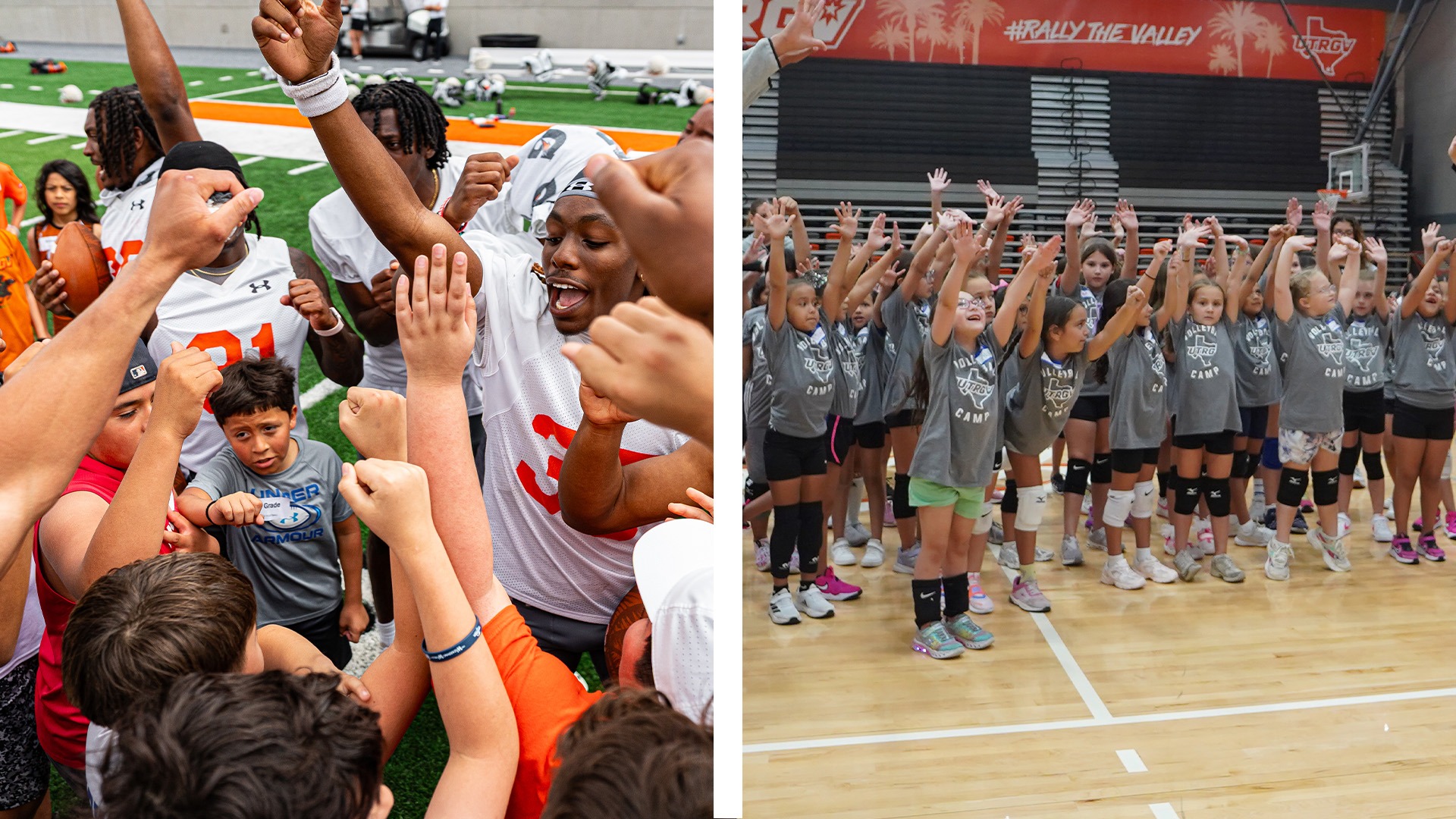 Left to Right: Photo of Huddle at Football Youth Clinic and Photo of Volleyball Youth Clinic