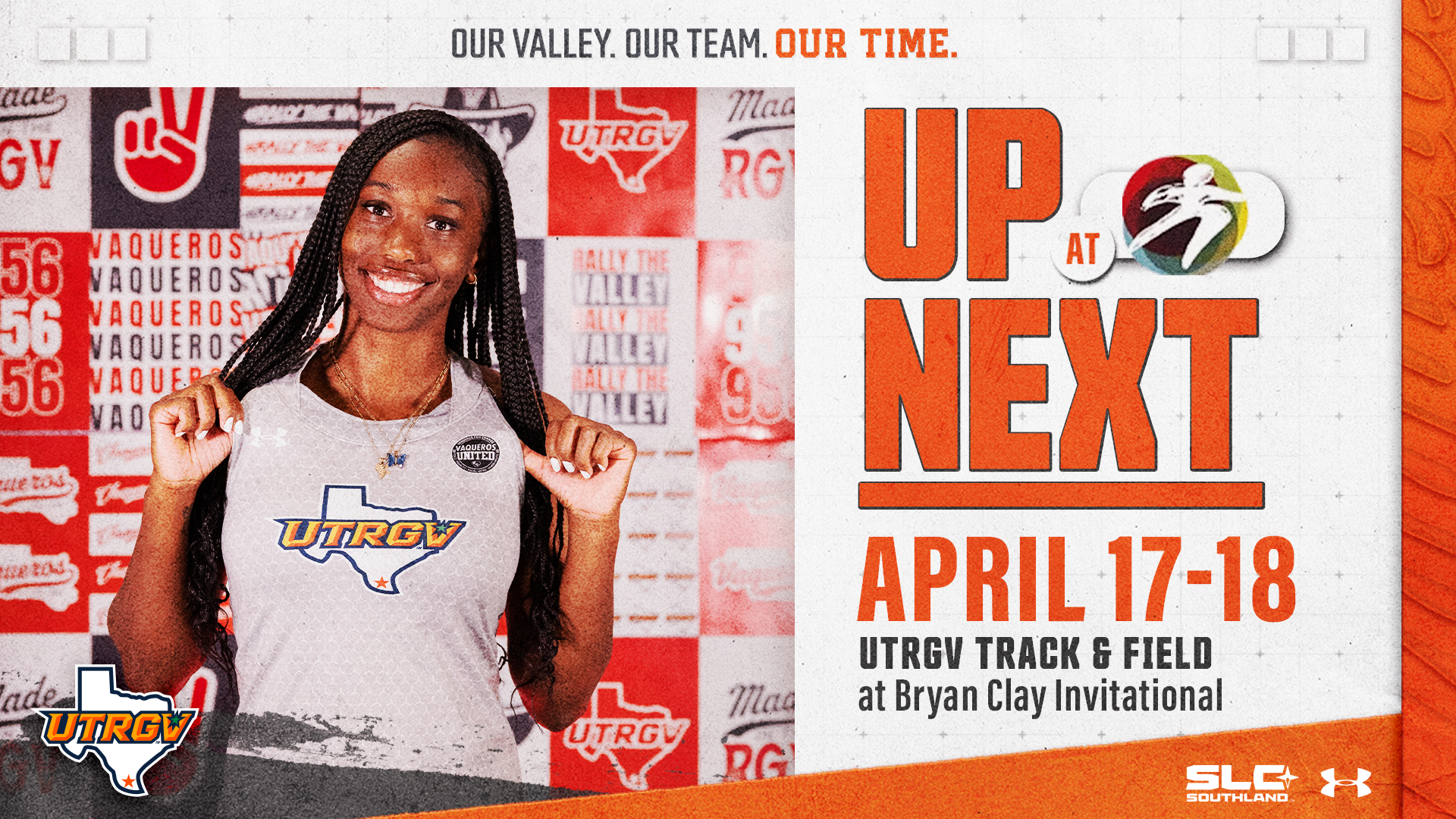 Image is a graphic with a photo of Kaliyah Poston in a gray UTRGV track & field uniform with text reading Up Next UTRGV Track & Field at Bryan Clay Invitational April 17-18 with the UTRGV over Texas logo and the Bryan Clay Invitational logo of a thrower over paint strokes