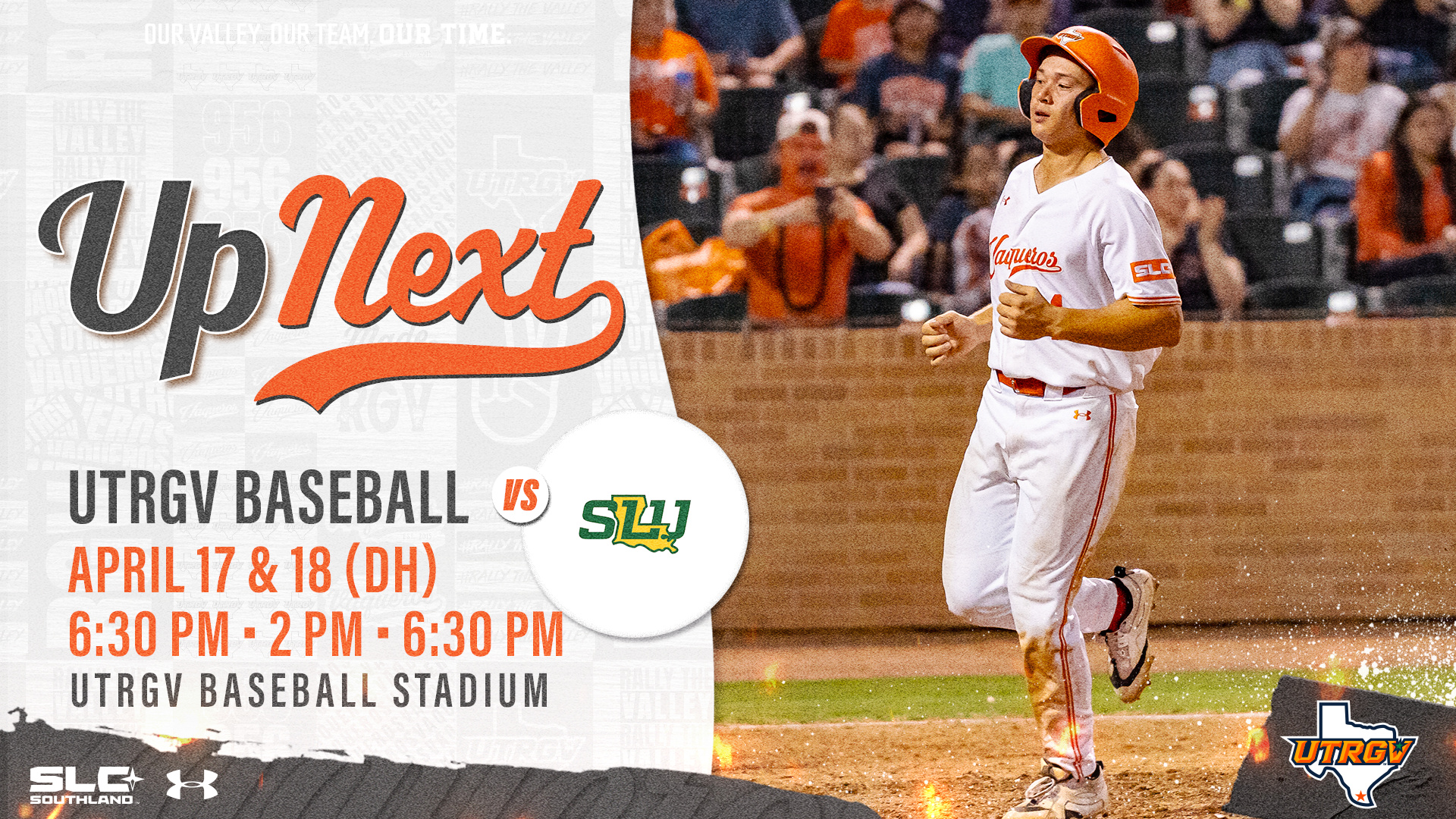 Left: Up Next UTRGV Baseball vs Southeastern (logo) April 17 & 18 (DH) 6:30 p.m. • 2 p.m. • 6:30 p.m. UTRGV Baseball Stadium Right: Picture of Thomas Williams scoring