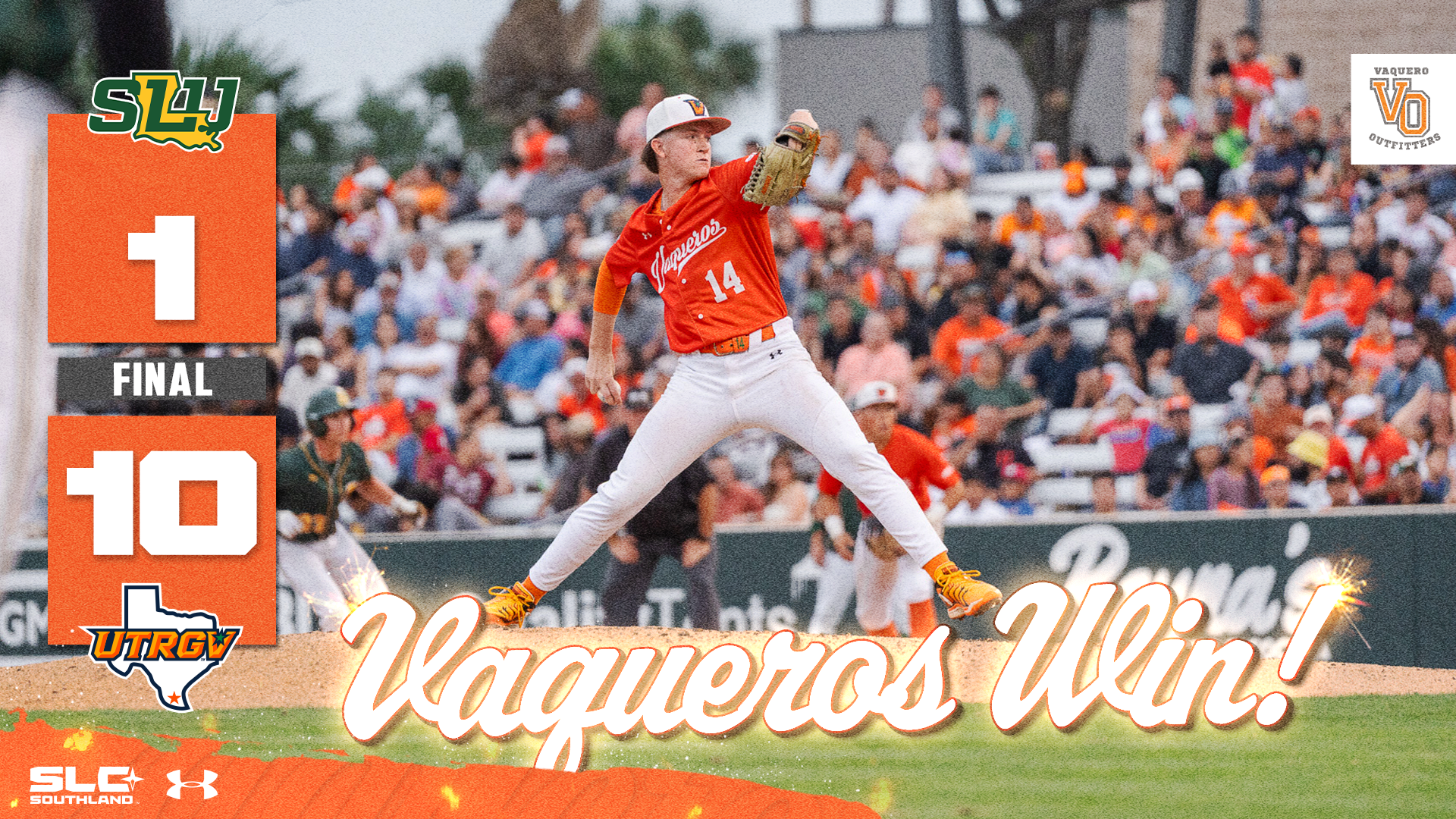 SLU Logo 1 Final 10 UTRGV Logo Vaqueros Win! over photo of Harrison Thayer pitching in an orange uniform top and white pants