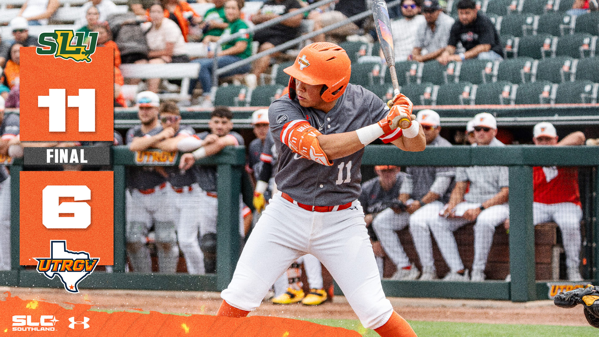 SLU logo 11 FINAL 6 UTRGV logo over a picture of Armani Raygoza hitting in a gray uniform top and white pants