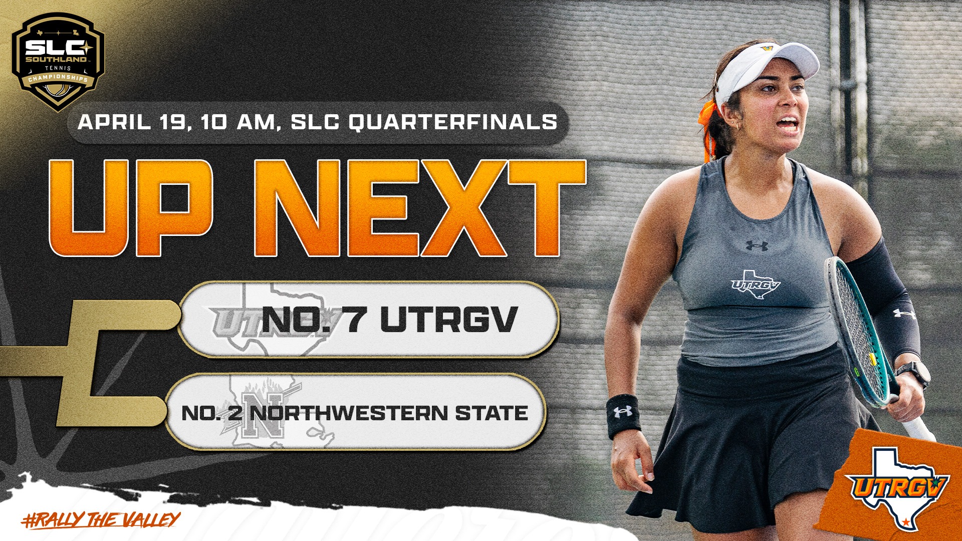 Image on Right: Rhea Makesar, Info on Left: UTRGV Women's Tennis | SLC Tennis Championships | April 19, 10 a.m., SLC Quarterfinals | No. 7 UTRGV vs. No. 2 Northwestern State