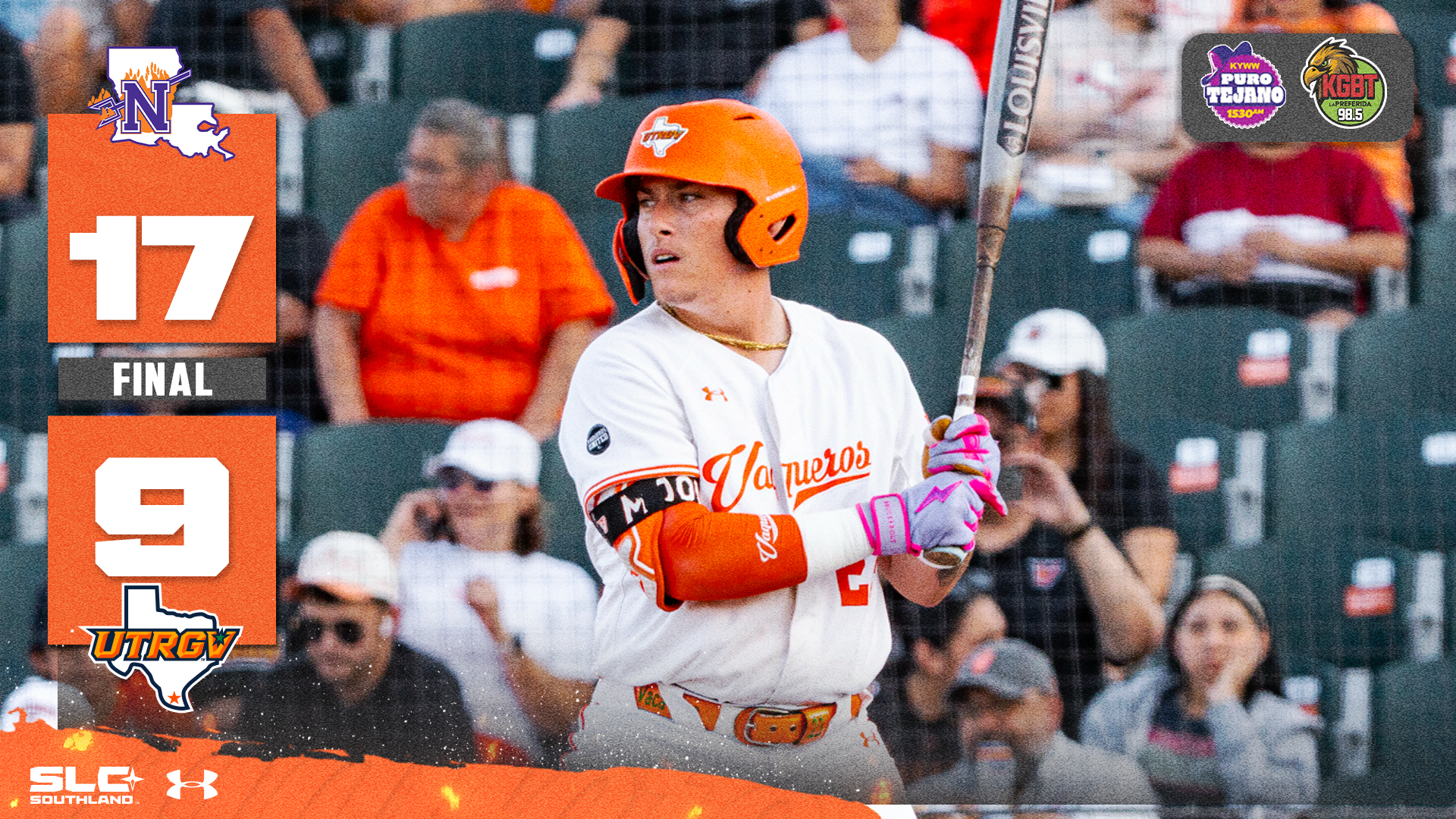 Image is a graphic with a photo of Easton Moomau with text on the left that reads Final Northwestern State 17 UTRGV 9