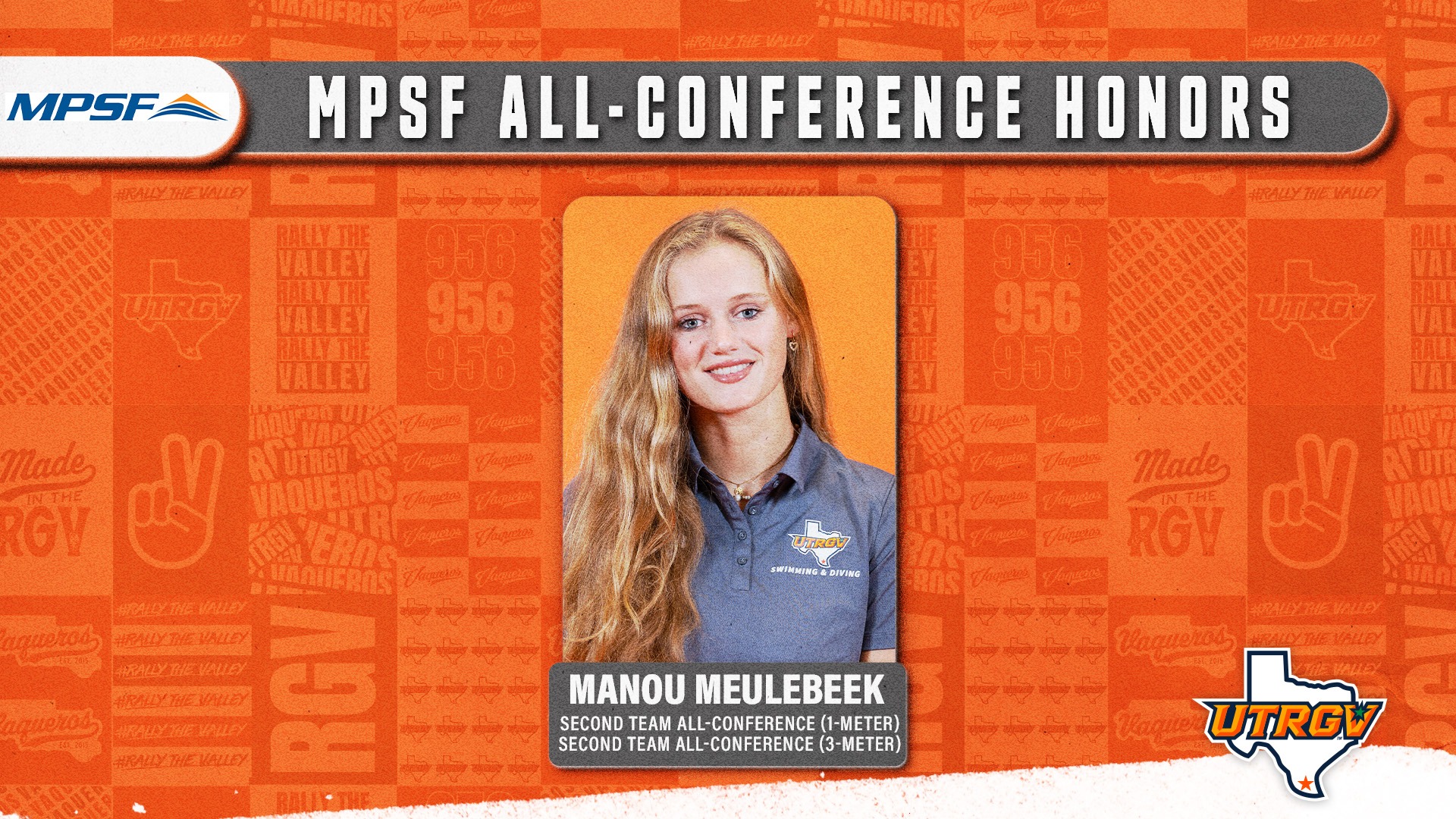 MPSF All-Conference Honors | Manou Meulebeek | Second Team All-Conference (1-Meter) | Second Team All-Conference (3-Meter) | Logos: MPSF (Top Right), UTRGV (Bottom Left)
