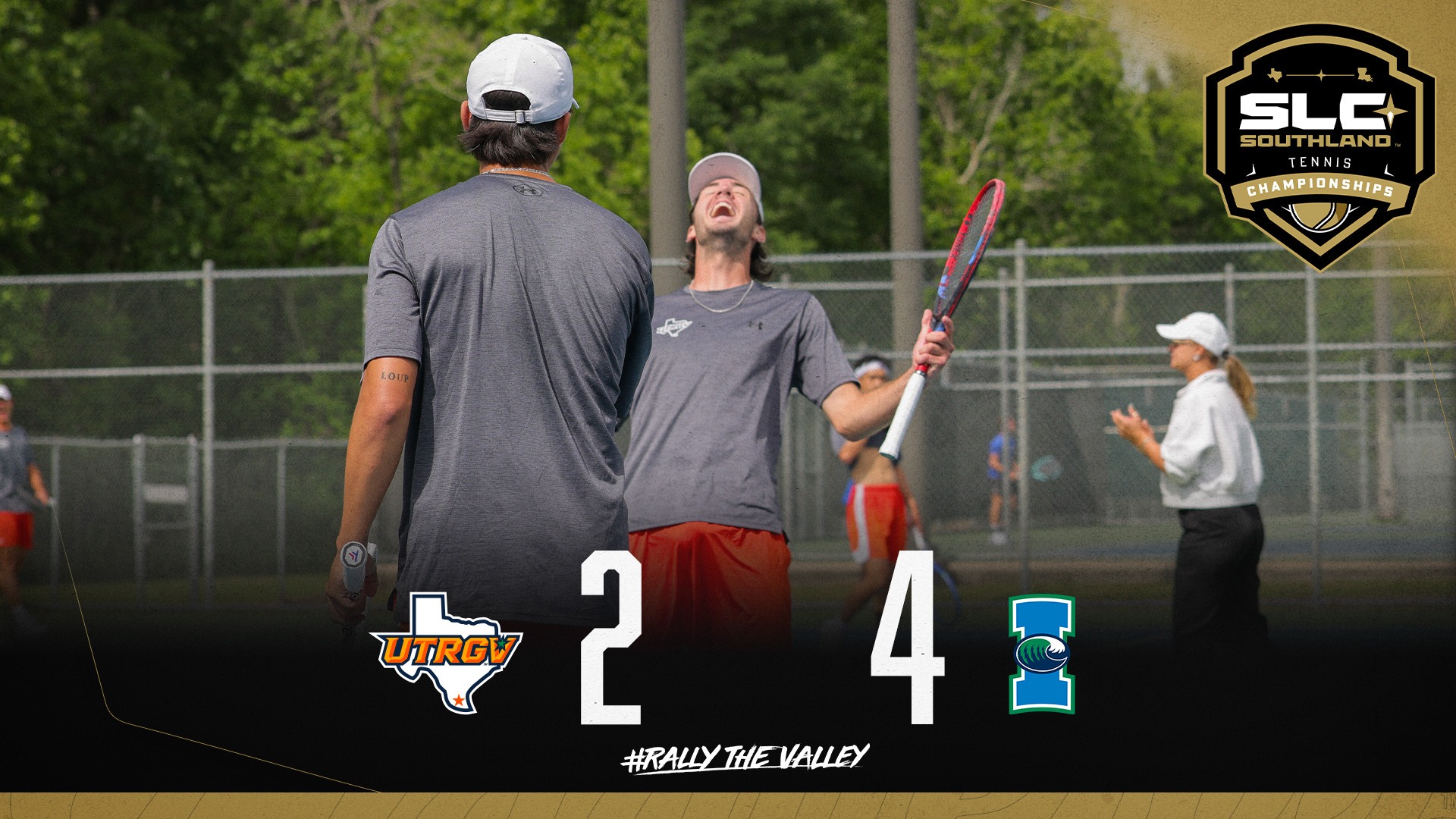 Image: Sam Whitehead celebrating, Info on Graphic: SLC Tournament Semifinals | Final | UTRGV 2, TAMUCC 4