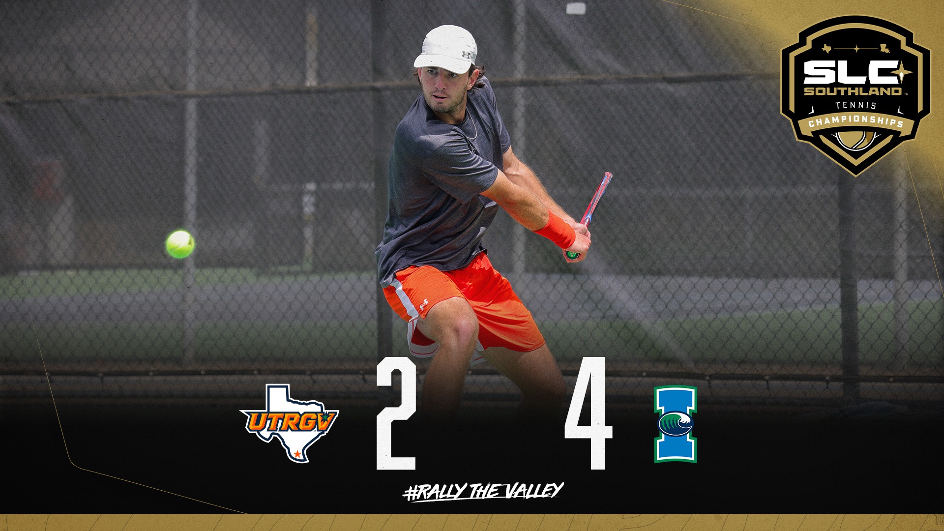 Image: Sam Whitehead hitting backhand, Info: UTRGV Men's Tennis | SLC Semifinals | Final | UTRGV 2, Texas A&M-Corpus Christi 4