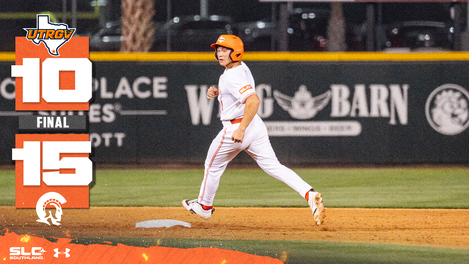 UTRGV over Texas logo 10 FINAL 15 Little Rock Trojan head logo over a picture of Thomas Williams running near second base