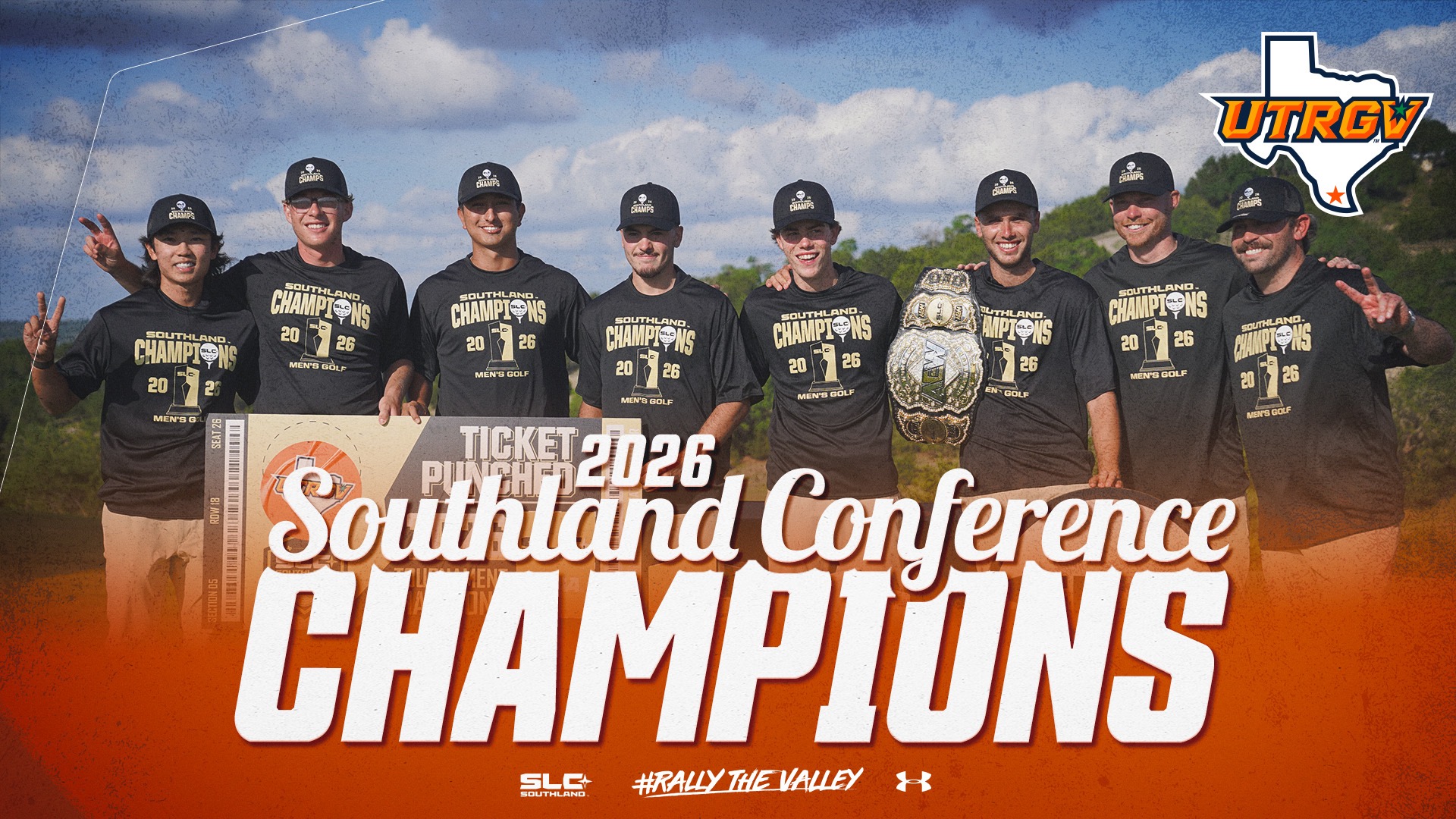 Men's Golf With Trophy at Southland Conference Championship Photo of Men's golf team with trophy